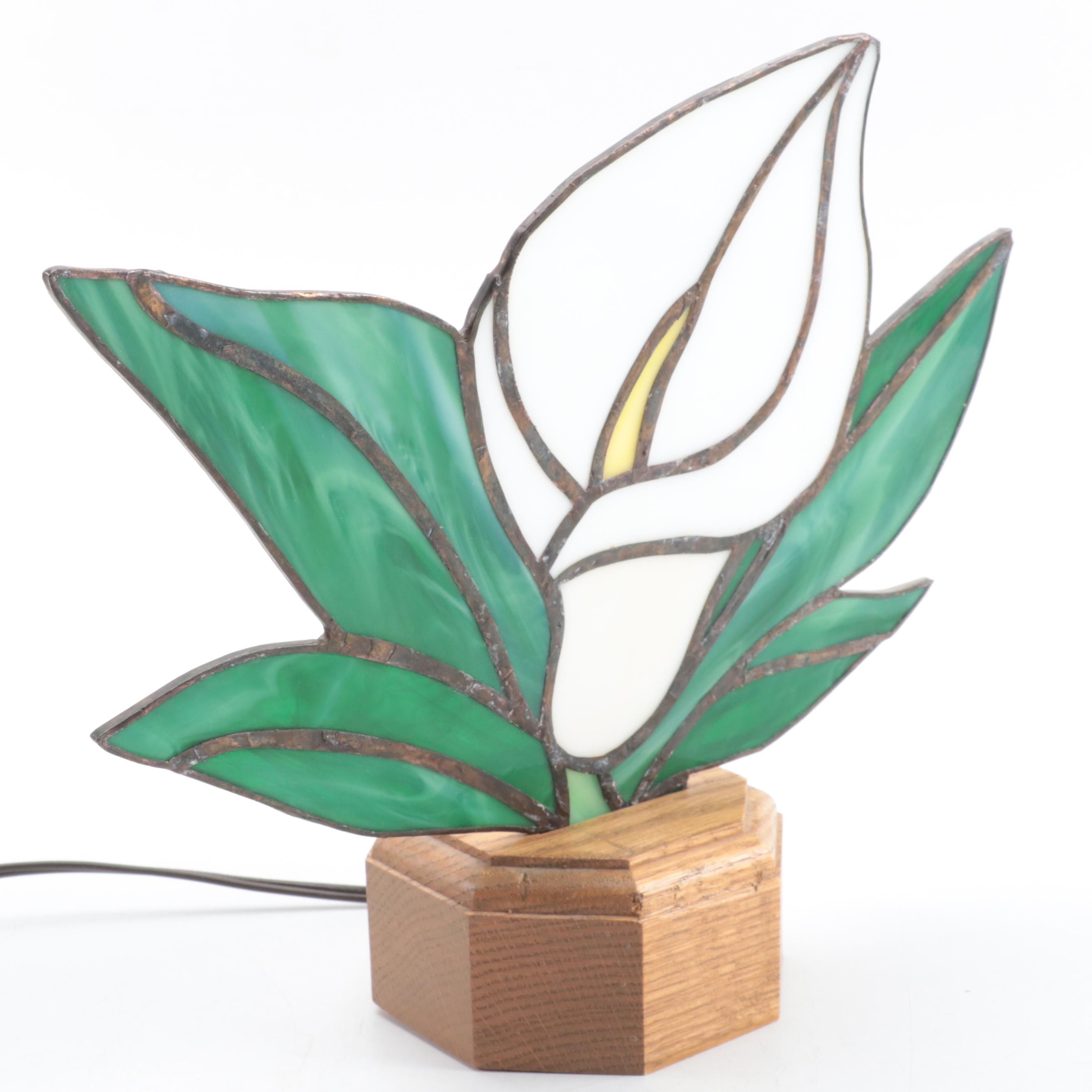 Slag Glass Calla Lily Lamp With Oak Base and Blue Flowers Sun Catcher