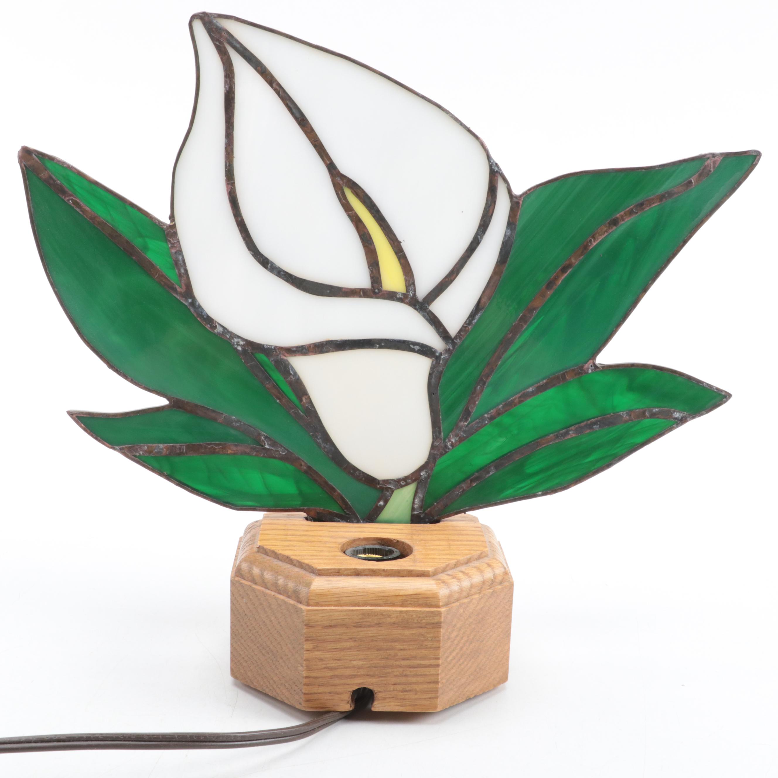 Slag Glass Calla Lily Lamp With Oak Base and Blue Flowers Sun Catcher