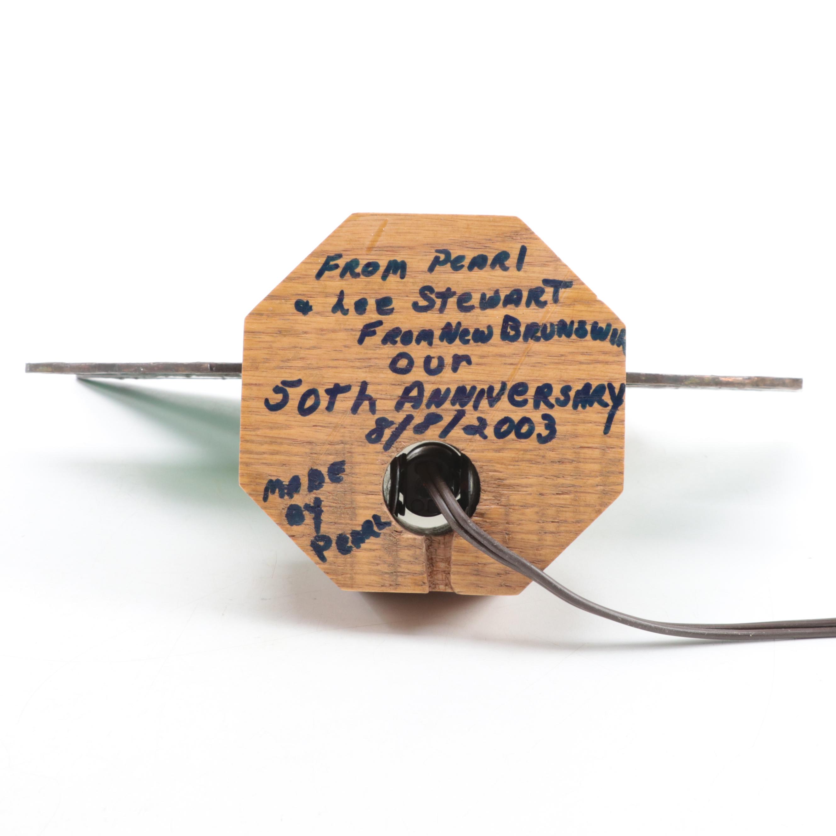 Slag Glass Calla Lily Lamp With Oak Base and Blue Flowers Sun Catcher