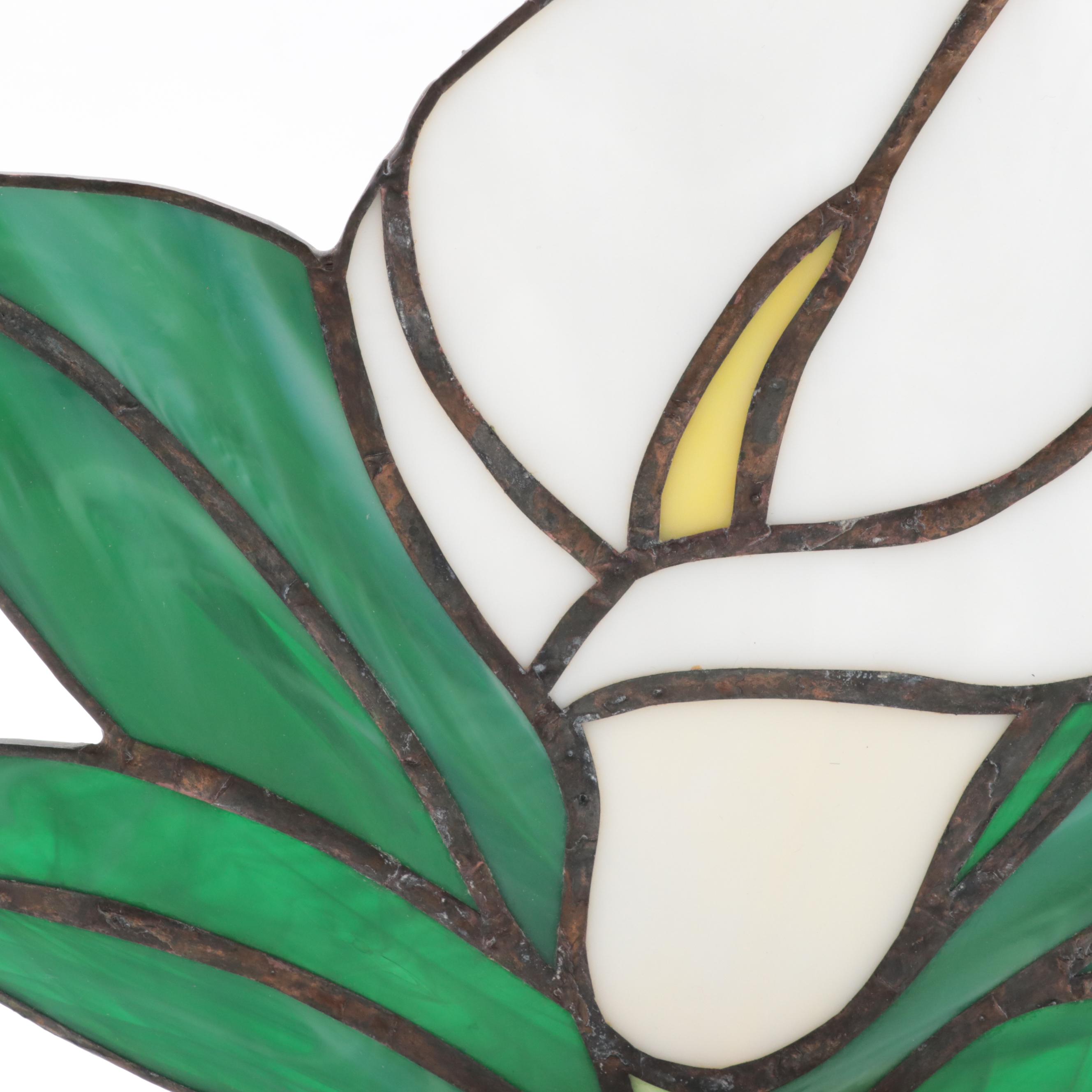 Slag Glass Calla Lily Lamp With Oak Base and Blue Flowers Sun Catcher