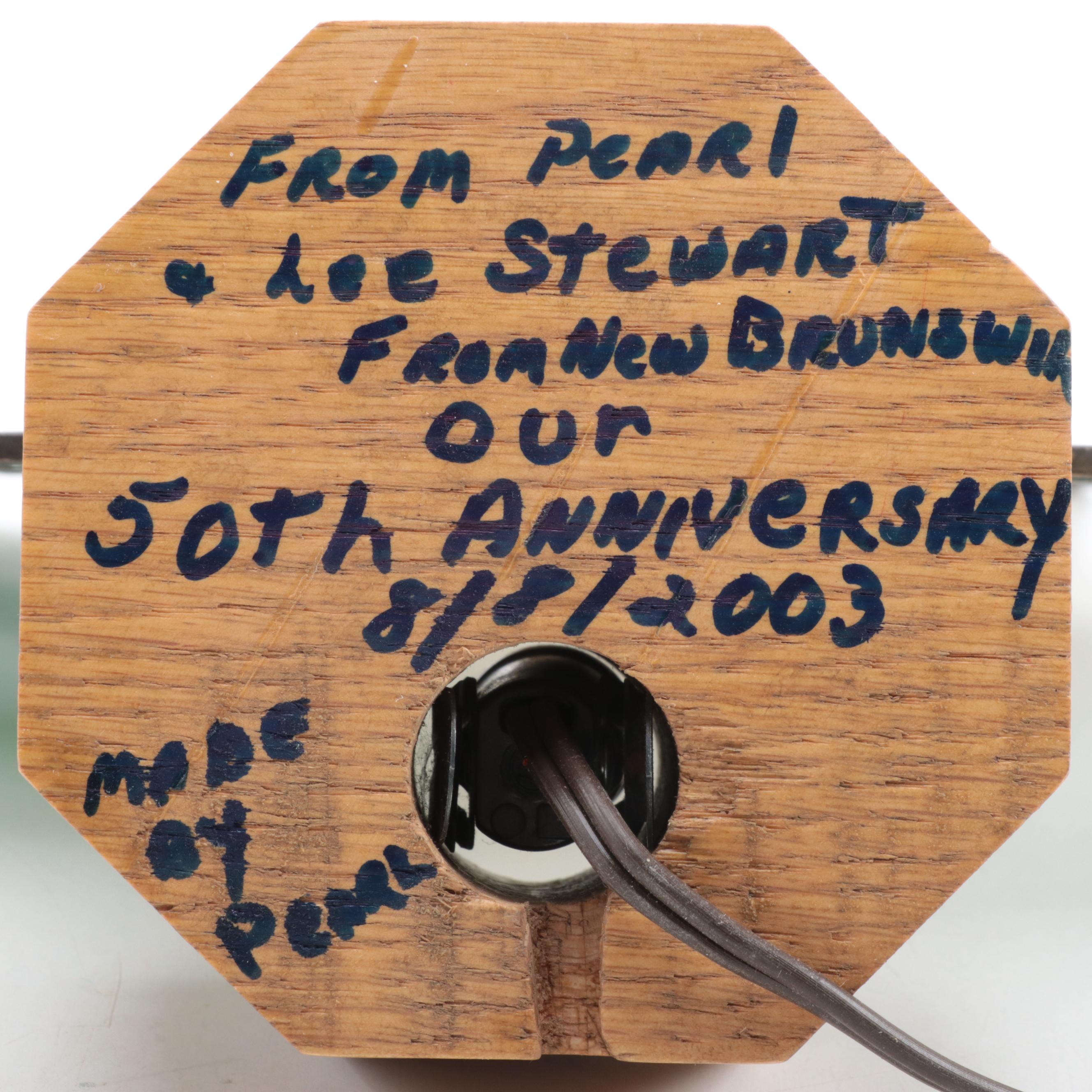 Slag Glass Calla Lily Lamp With Oak Base and Blue Flowers Sun Catcher