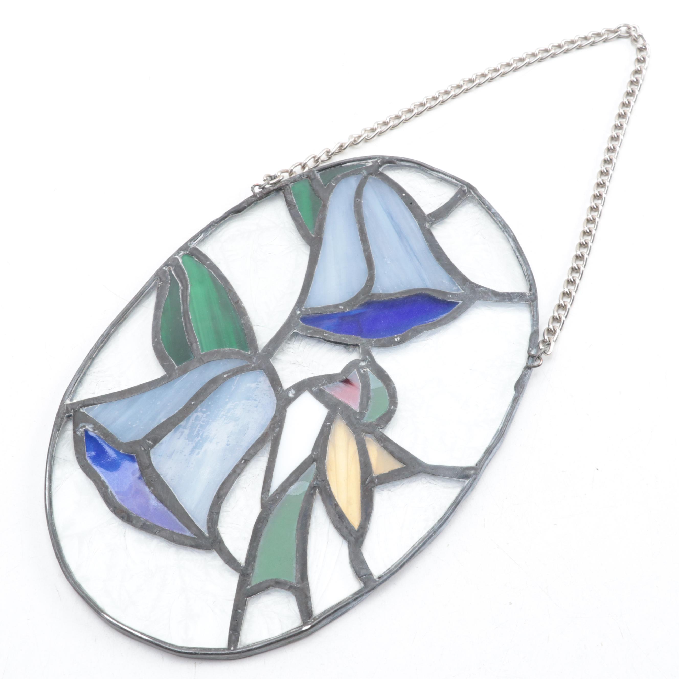 Slag Glass Calla Lily Lamp With Oak Base and Blue Flowers Sun Catcher