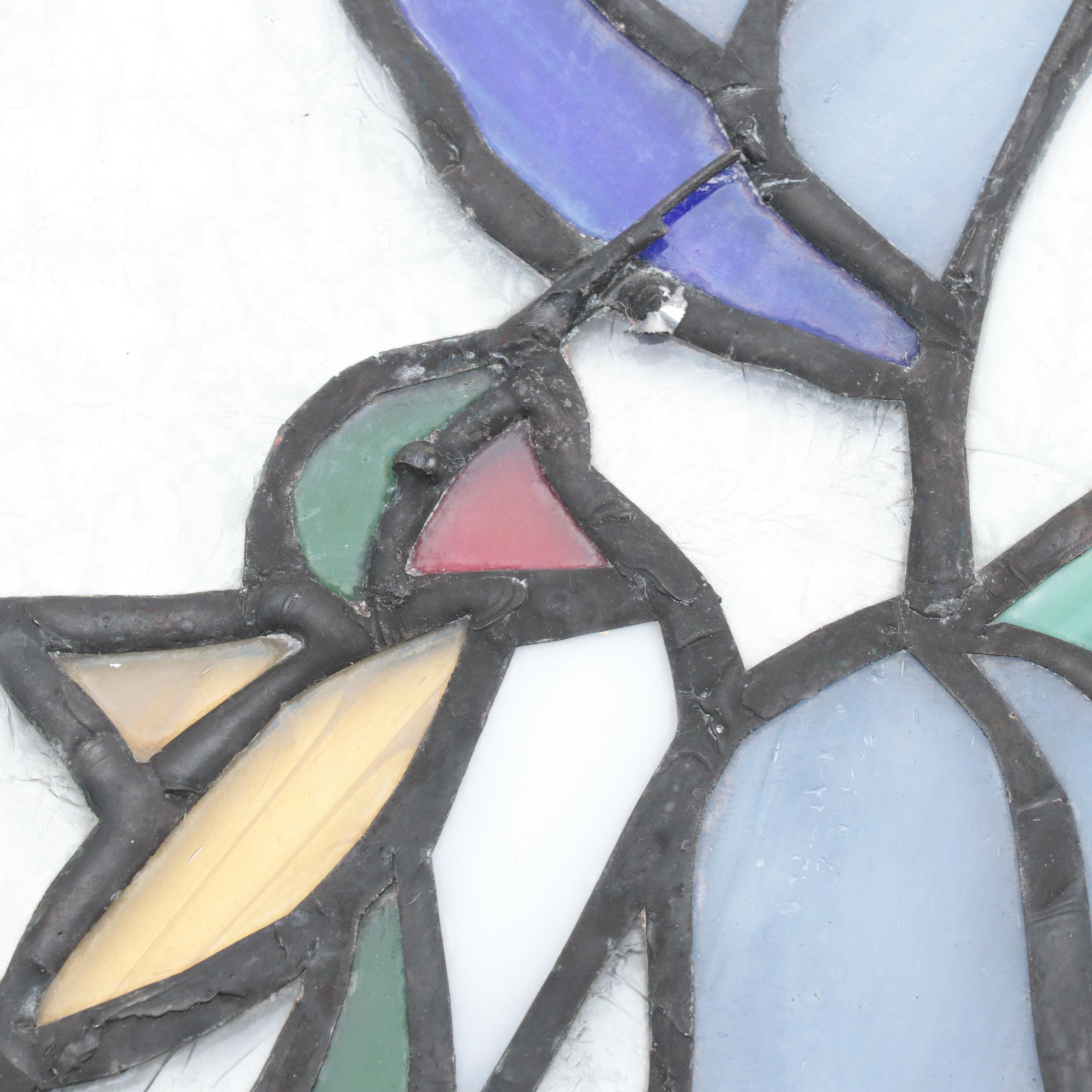 Slag Glass Calla Lily Lamp With Oak Base and Blue Flowers Sun Catcher