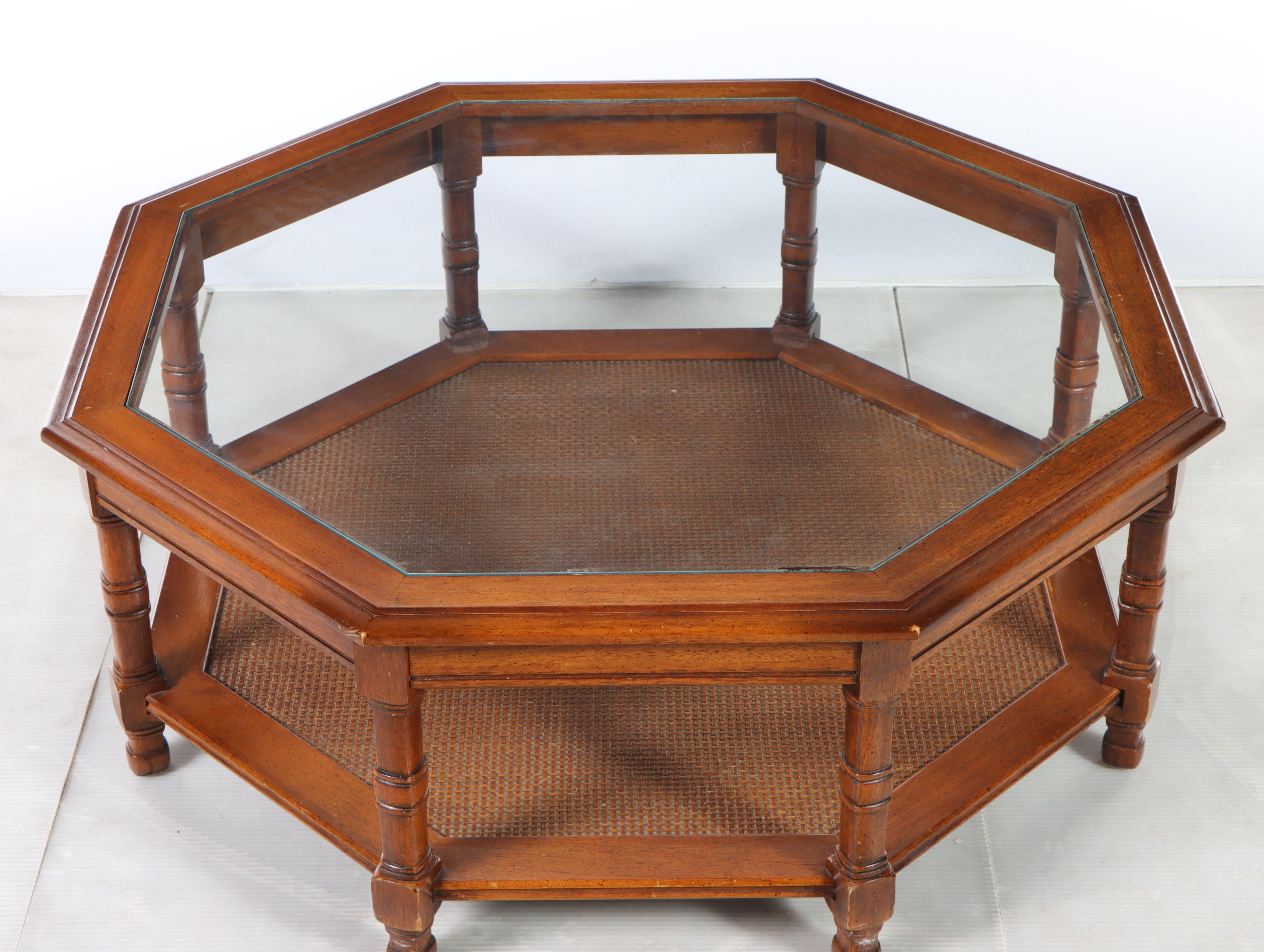 Walnut and Glass Top Octagonal Coffee Table, Mid to Late 20th Century