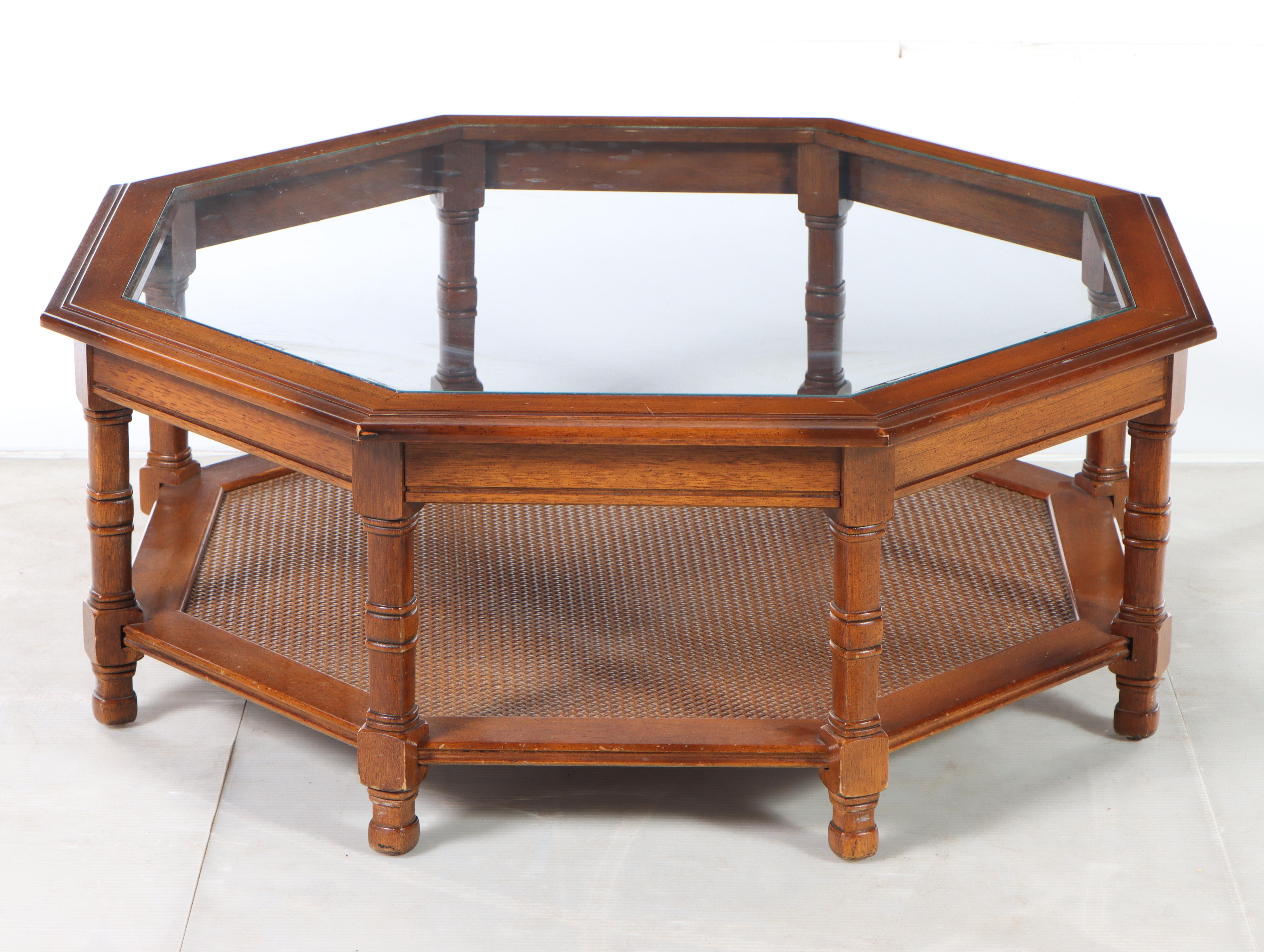 Walnut and Glass Top Octagonal Coffee Table, Mid to Late 20th Century