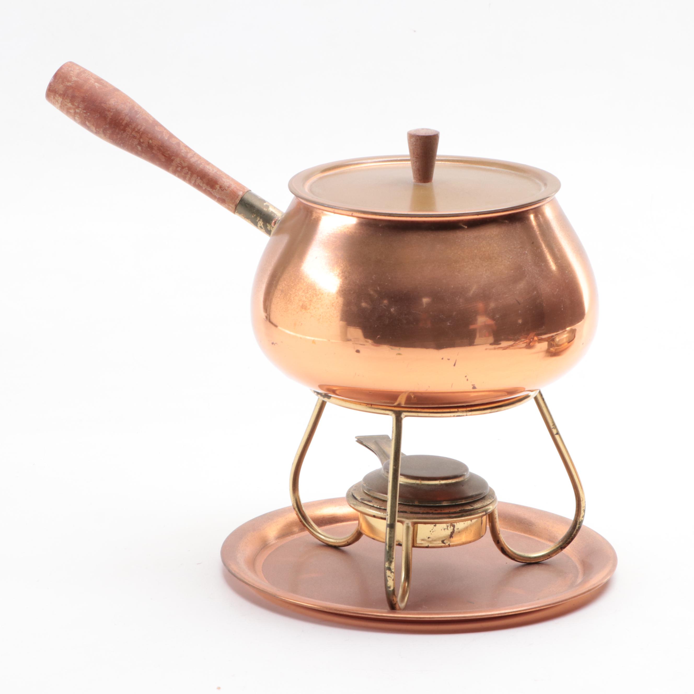 Portugal Copper Fondue Pot with Pans and Cooking Utensils, Mid to Late 20th C.