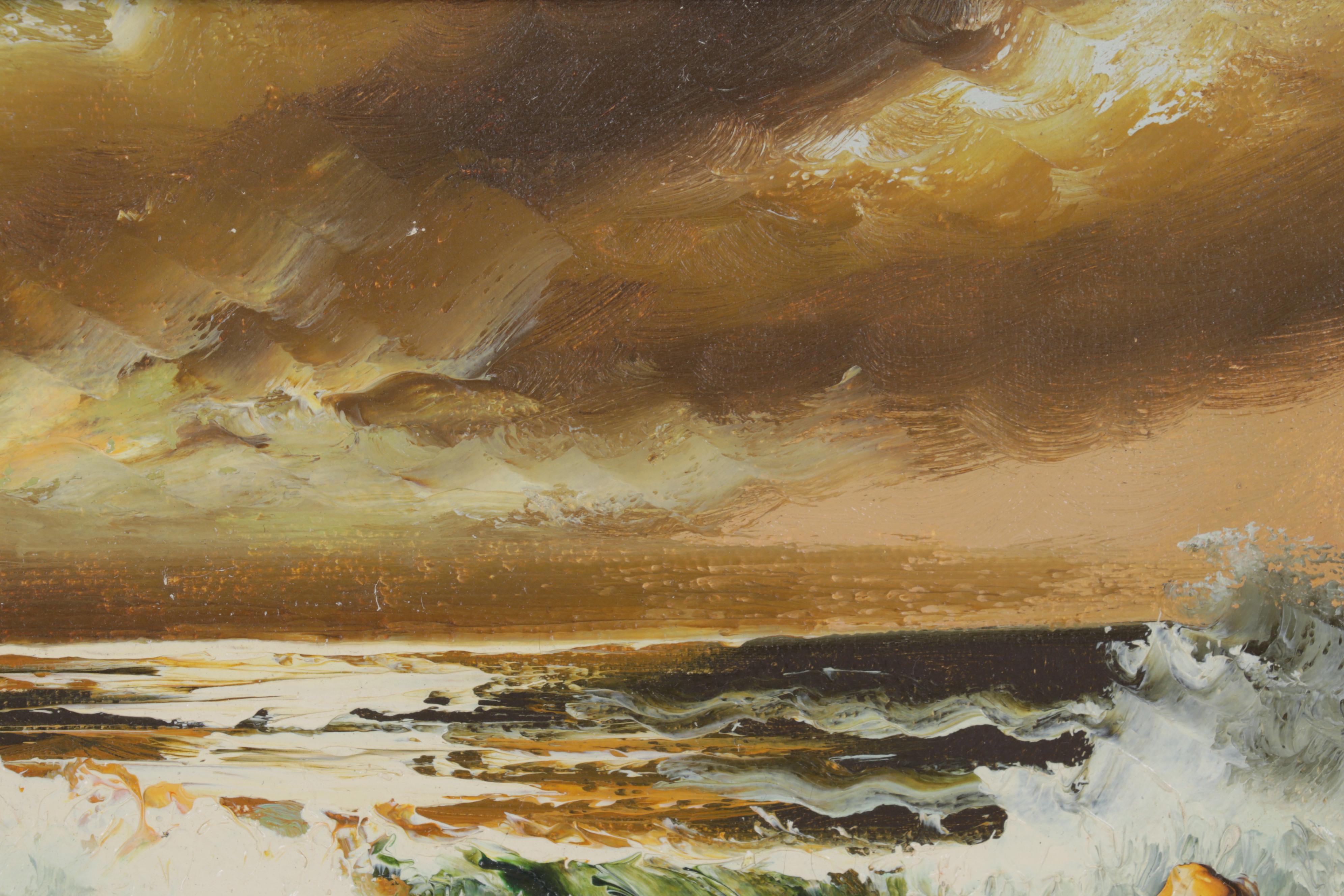 P. Dali Seascape Oil Painting of Waves Crashing on Rocky Beach, Circa 1972