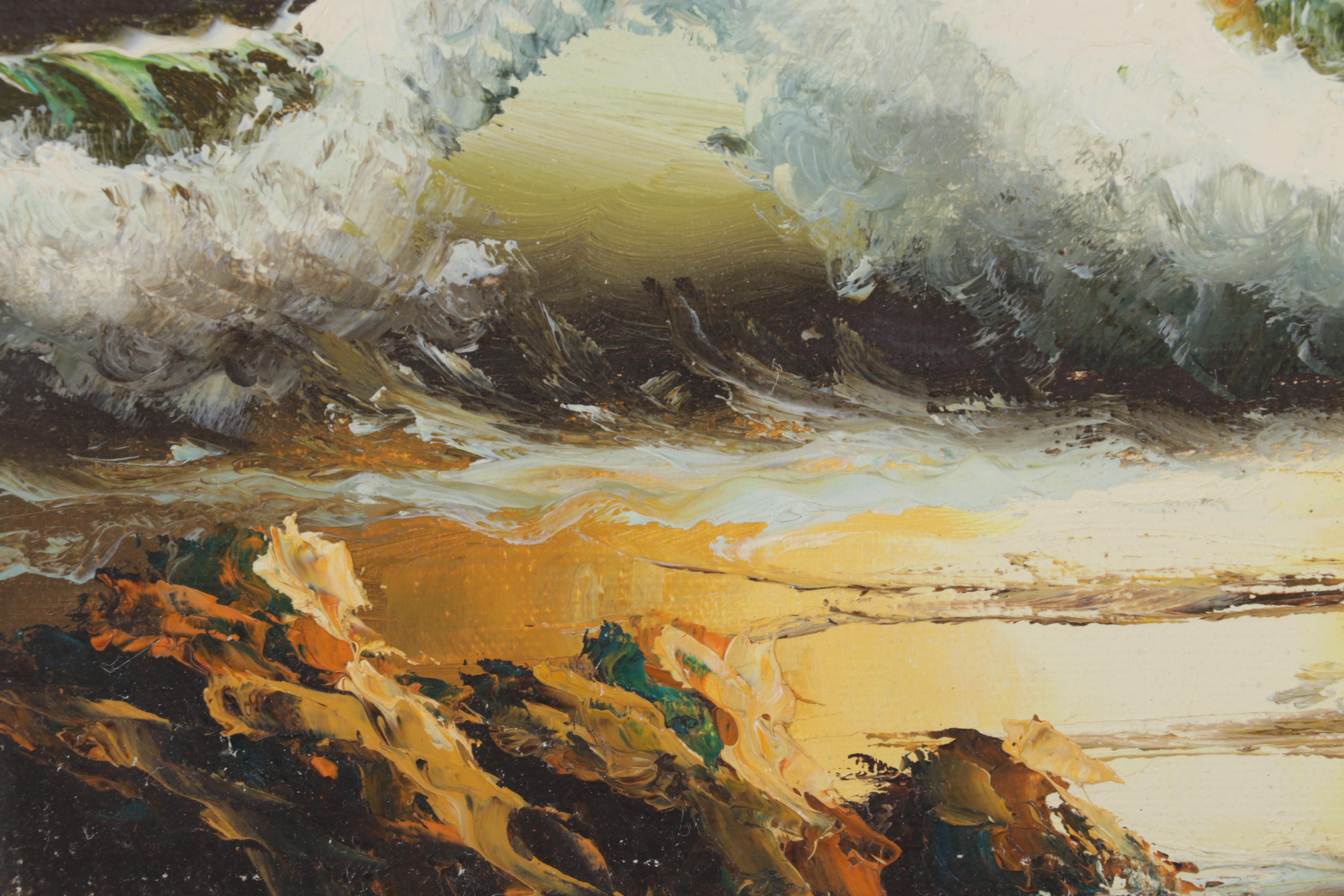 P. Dali Seascape Oil Painting of Waves Crashing on Rocky Beach, Circa 1972