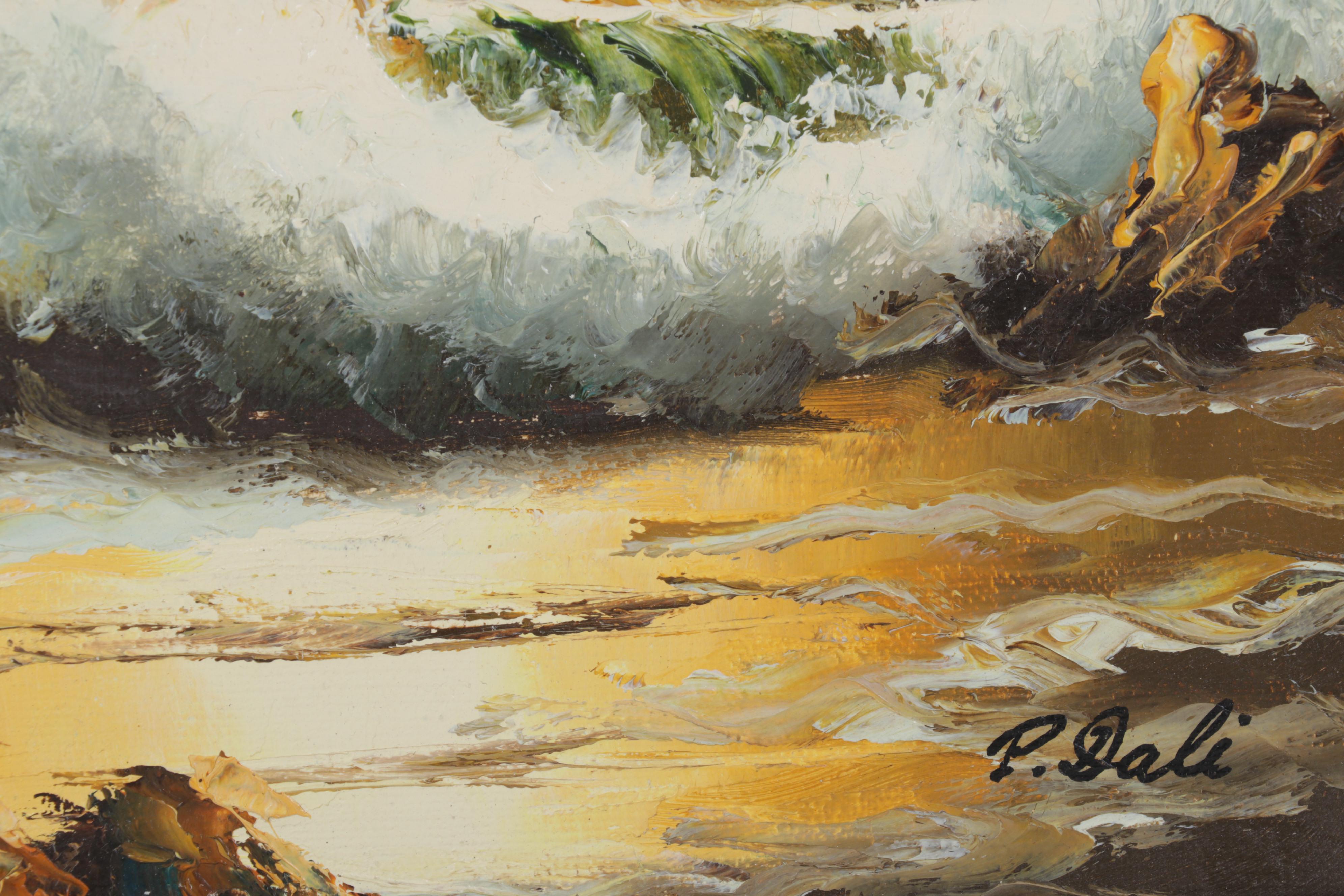 P. Dali Seascape Oil Painting of Waves Crashing on Rocky Beach, Circa 1972