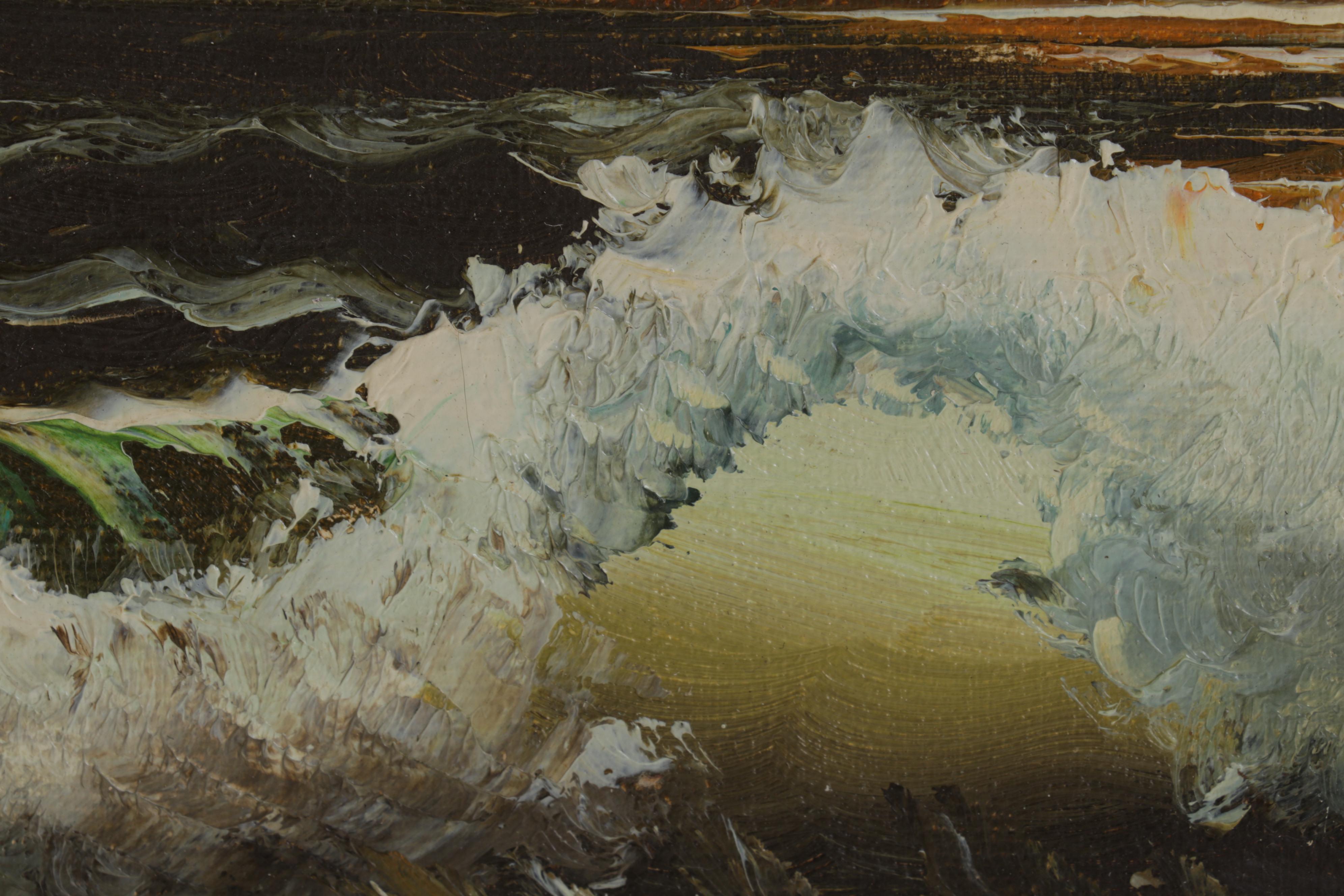 P. Dali Seascape Oil Painting of Waves Crashing on Rocky Beach, Circa 1972