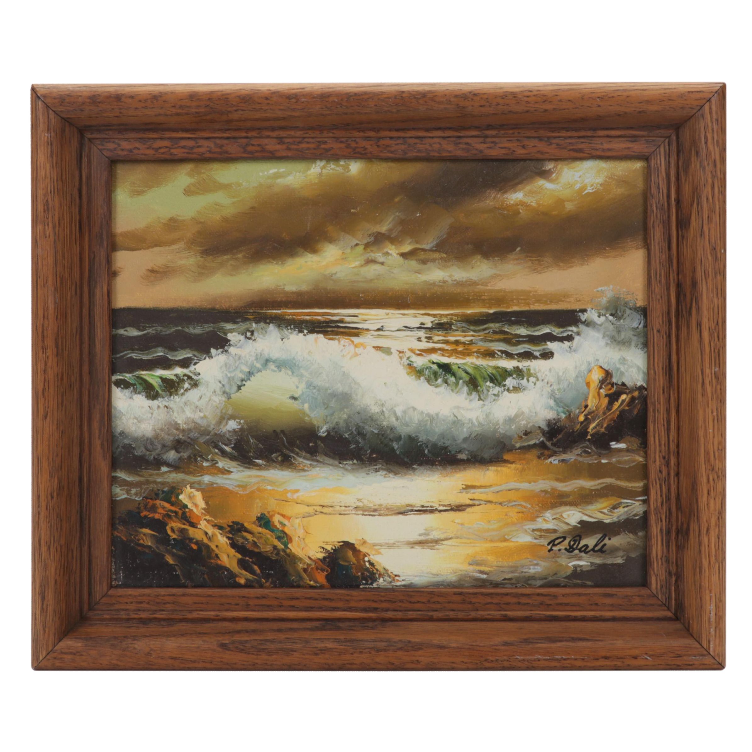 P. Dali Seascape Oil Painting of Waves Crashing on Rocky Beach, Circa 1972