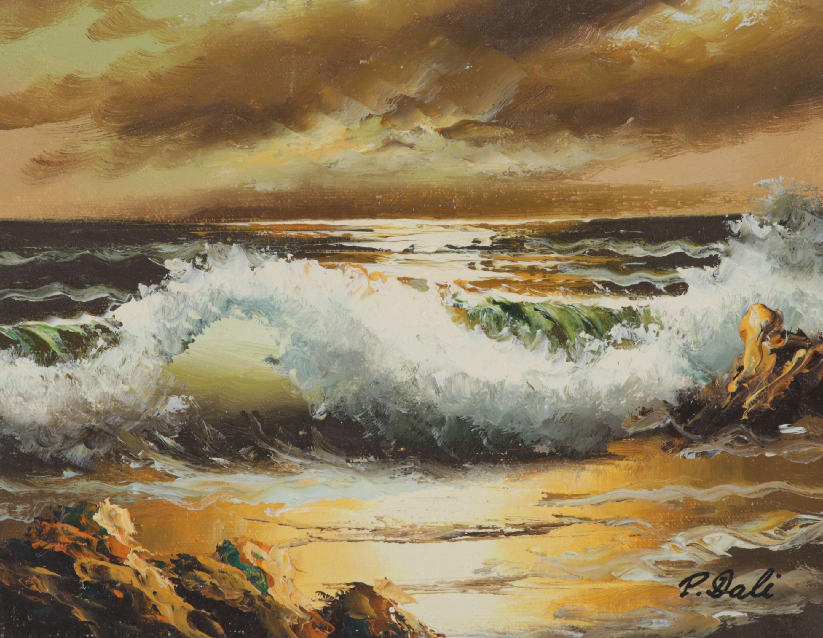 P. Dali Seascape Oil Painting of Waves Crashing on Rocky Beach, Circa 1972