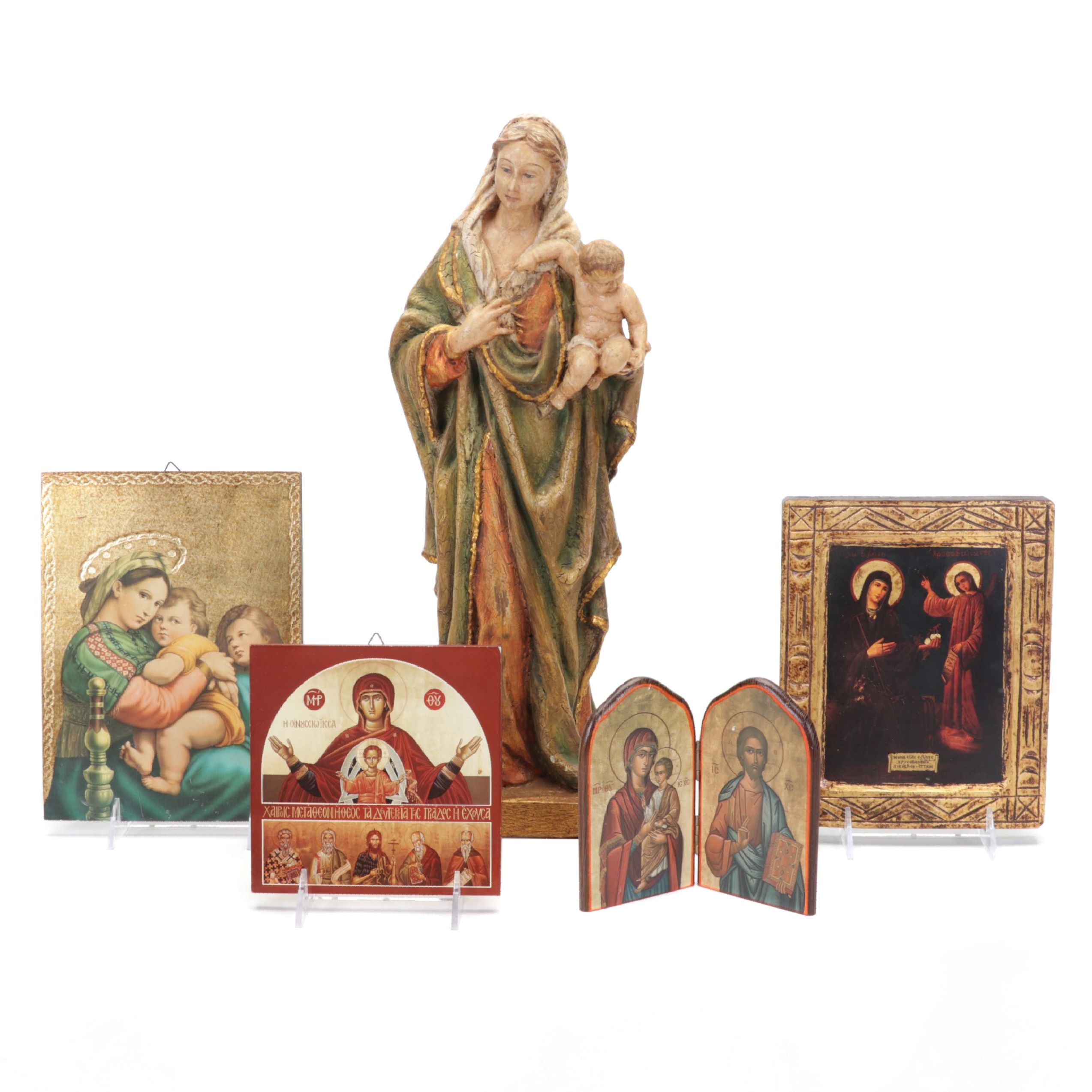 Madonna and Child Sculpture With Greek Orthodox Icon Wall and Table Plaques
