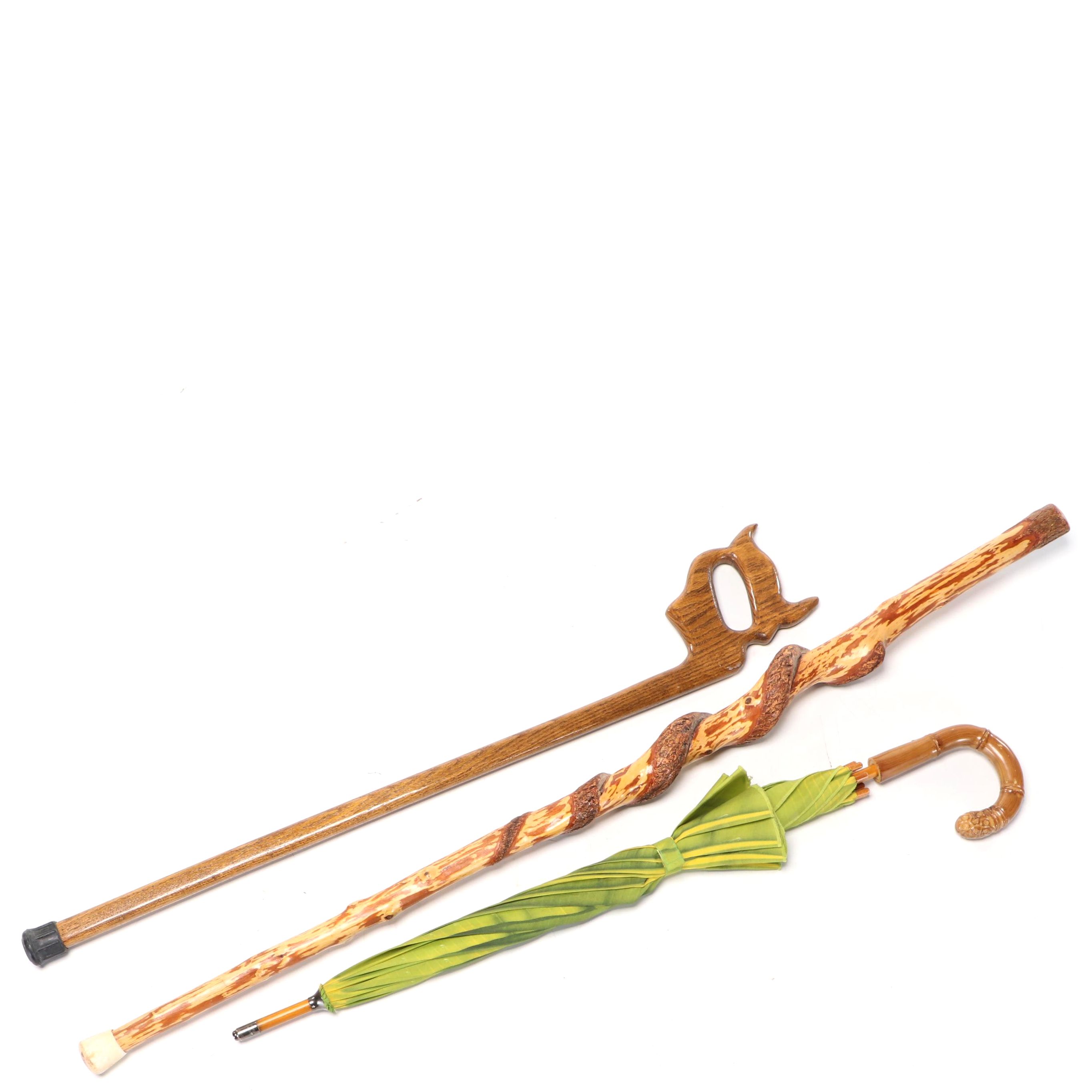 Carved Oak Cane with Wooden Walking Stick and Cane-Handle Umbrella