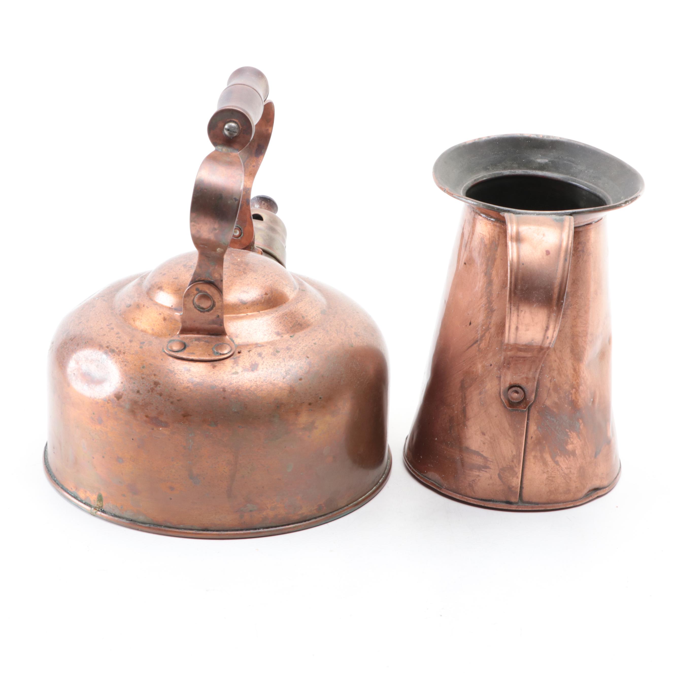 Copper Kettle, Pitcher, Cream and Sugar with Pair of Wall Pockets