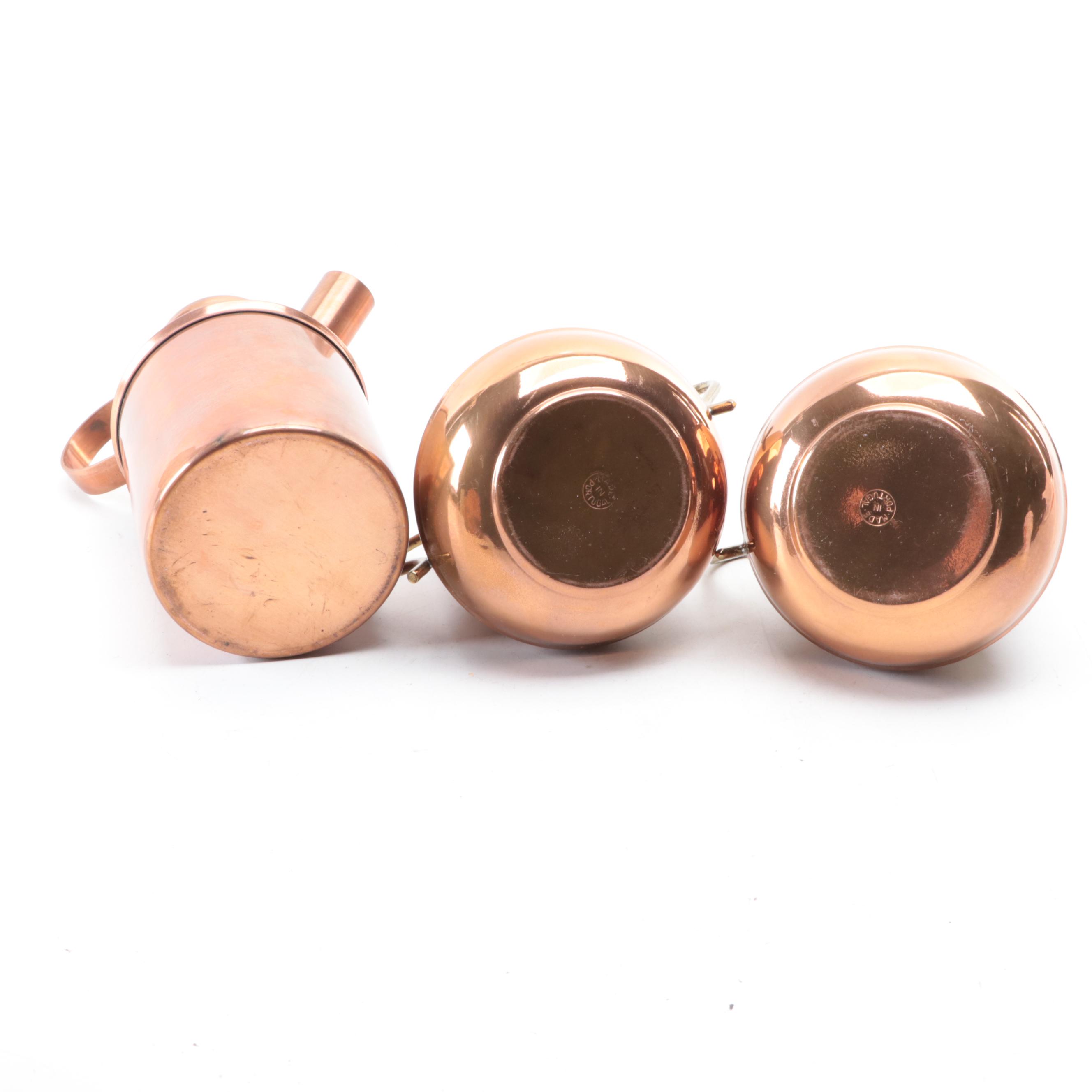 Copper Kettle, Pitcher, Cream and Sugar with Pair of Wall Pockets