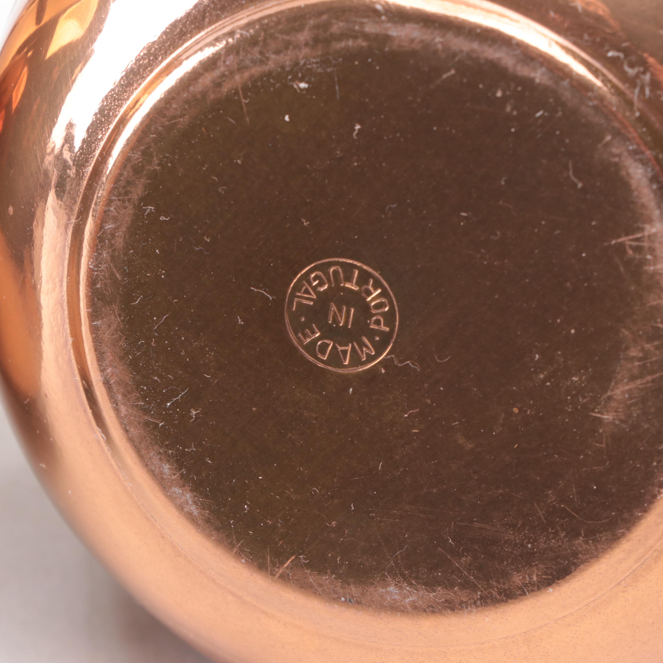 Copper Kettle, Pitcher, Cream and Sugar with Pair of Wall Pockets