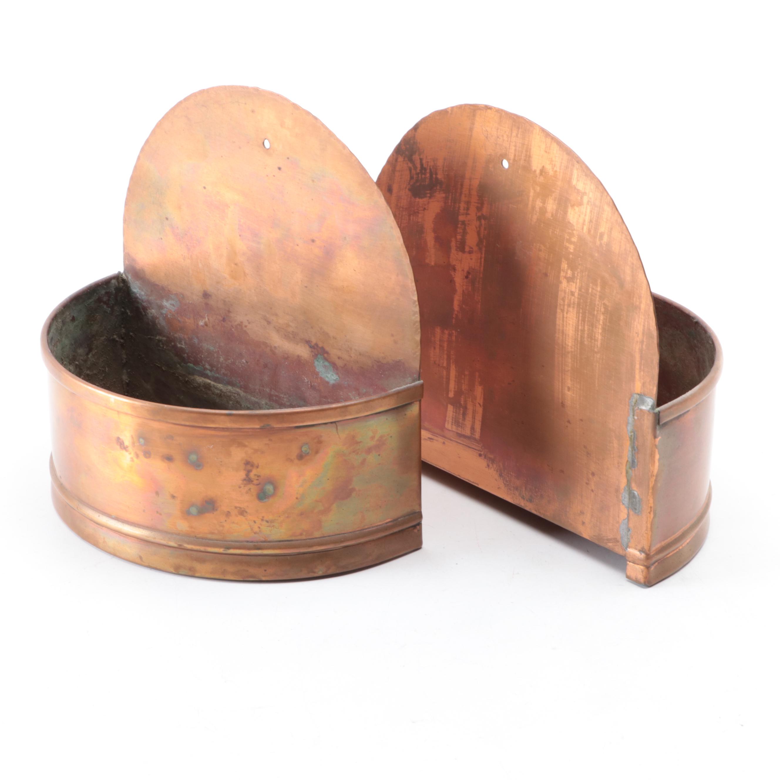 Copper Kettle, Pitcher, Cream and Sugar with Pair of Wall Pockets