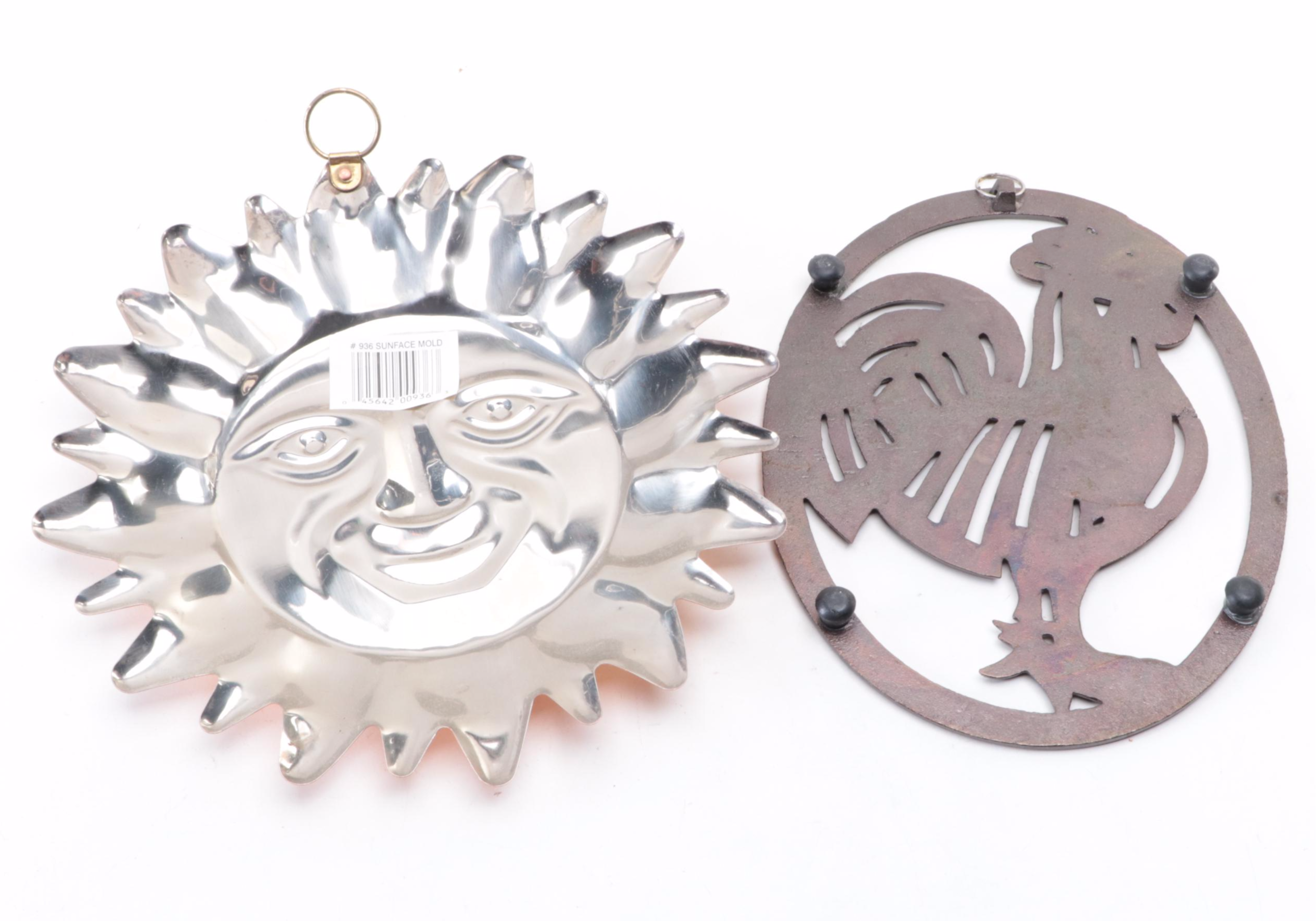 Tinned Copper Lobster and Other Molds with Rooster Trivet