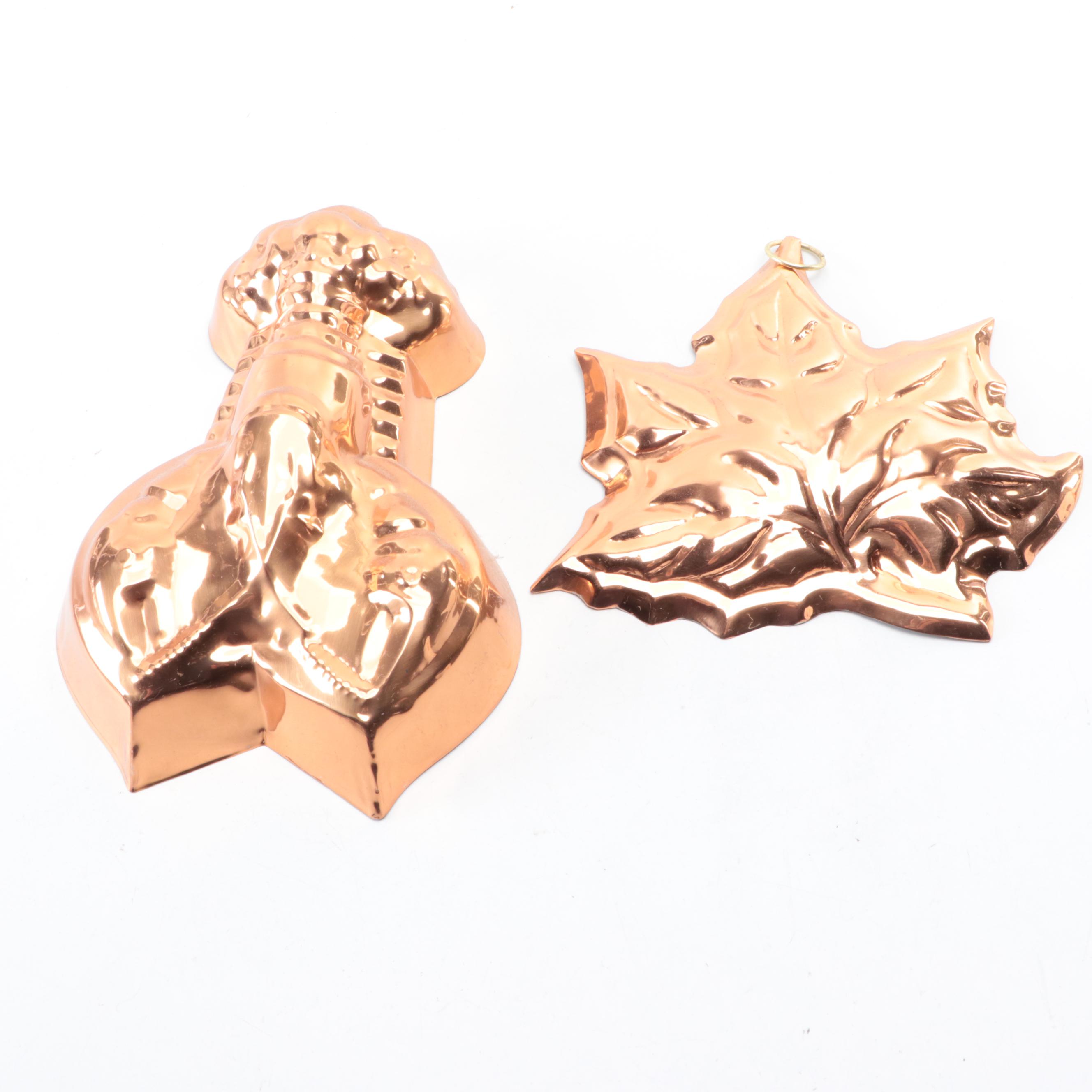 Tinned Copper Lobster and Other Molds with Rooster Trivet
