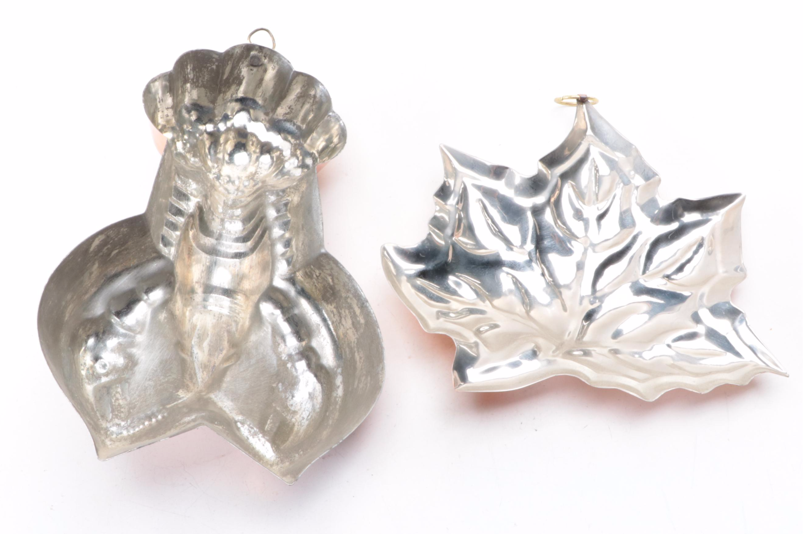 Tinned Copper Lobster and Other Molds with Rooster Trivet