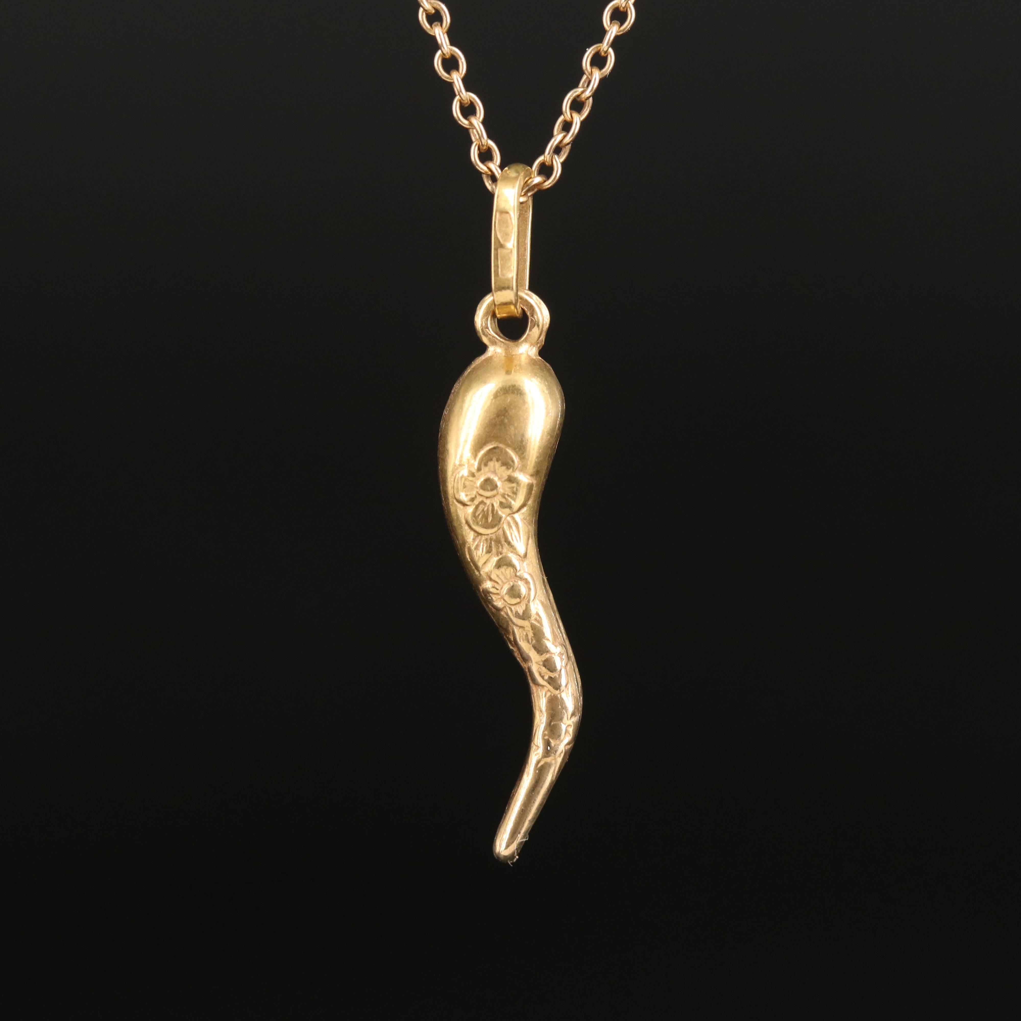 18K Cornicello Pendant with Floral Design on 10K Chain Necklace