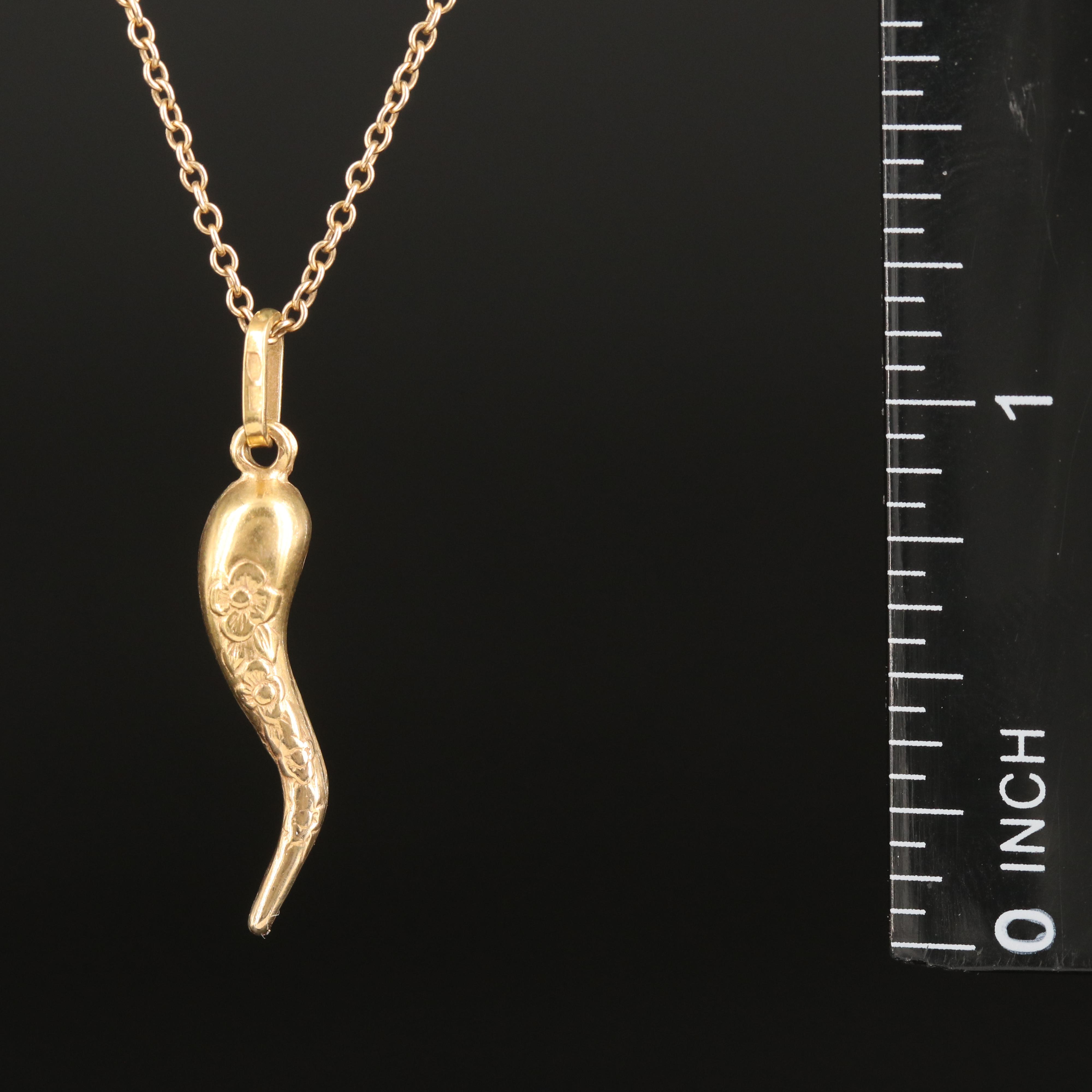 18K Cornicello Pendant with Floral Design on 10K Chain Necklace