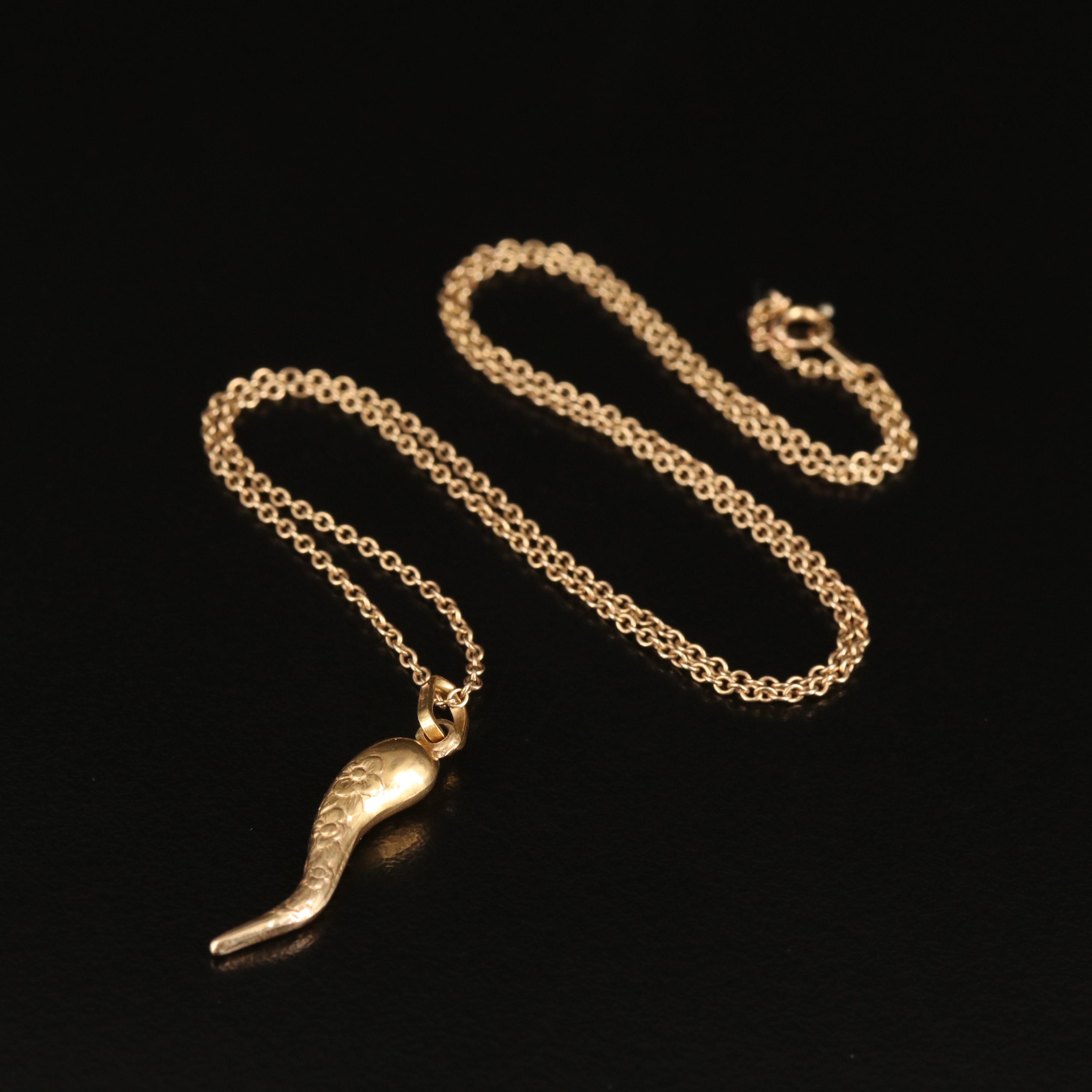 18K Cornicello Pendant with Floral Design on 10K Chain Necklace