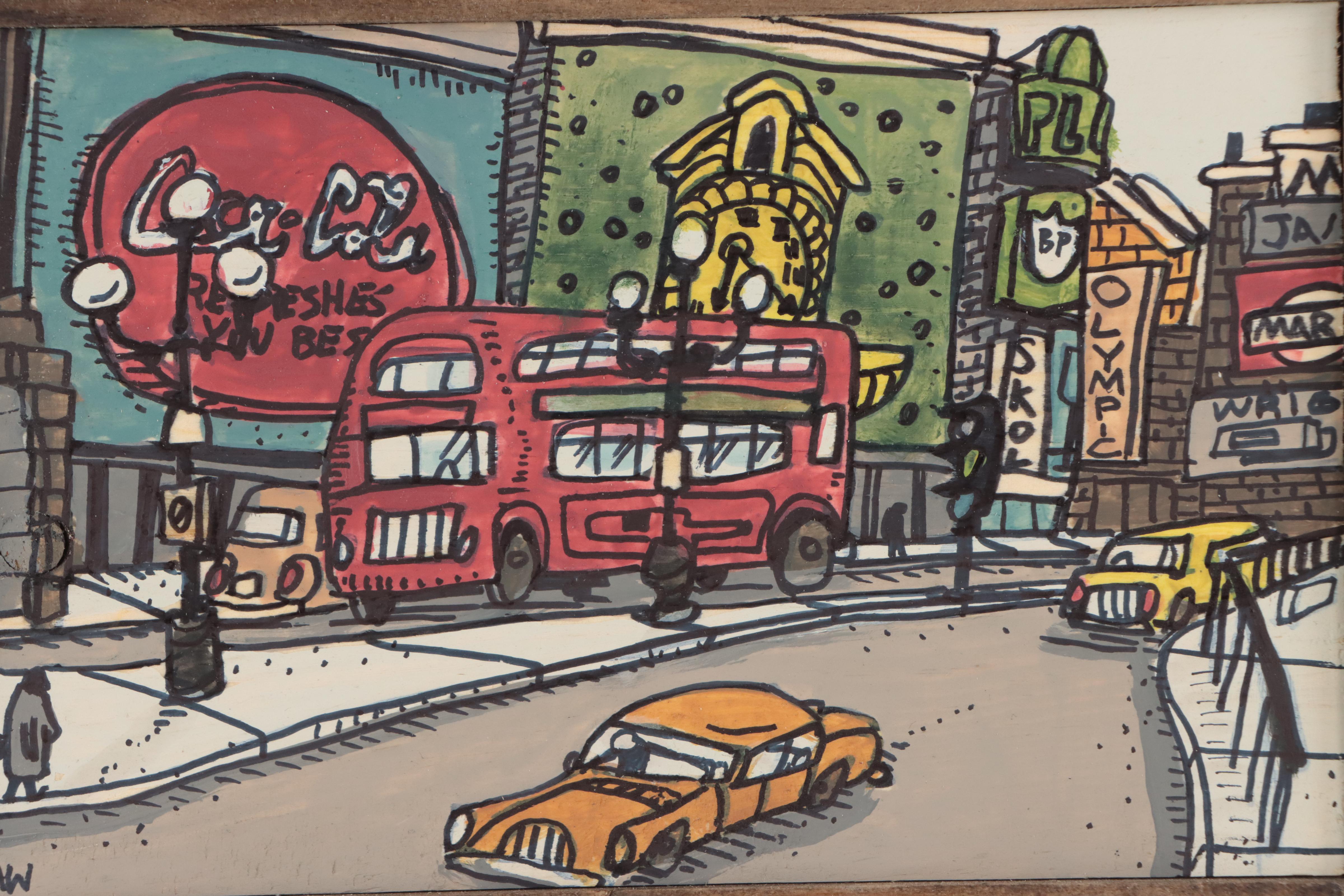 Aaron Wooten Urban Landscape Mixed Media Painting "Piccadilly Circus," 2023