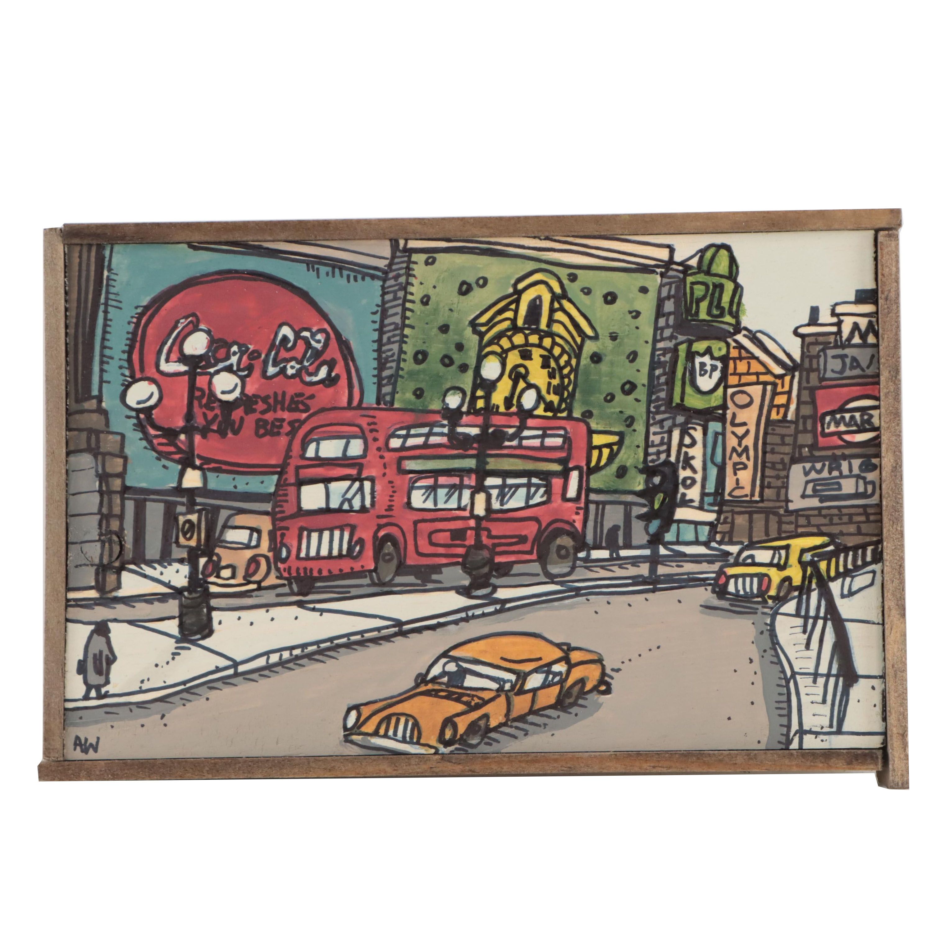 Aaron Wooten Urban Landscape Mixed Media Painting "Piccadilly Circus," 2023