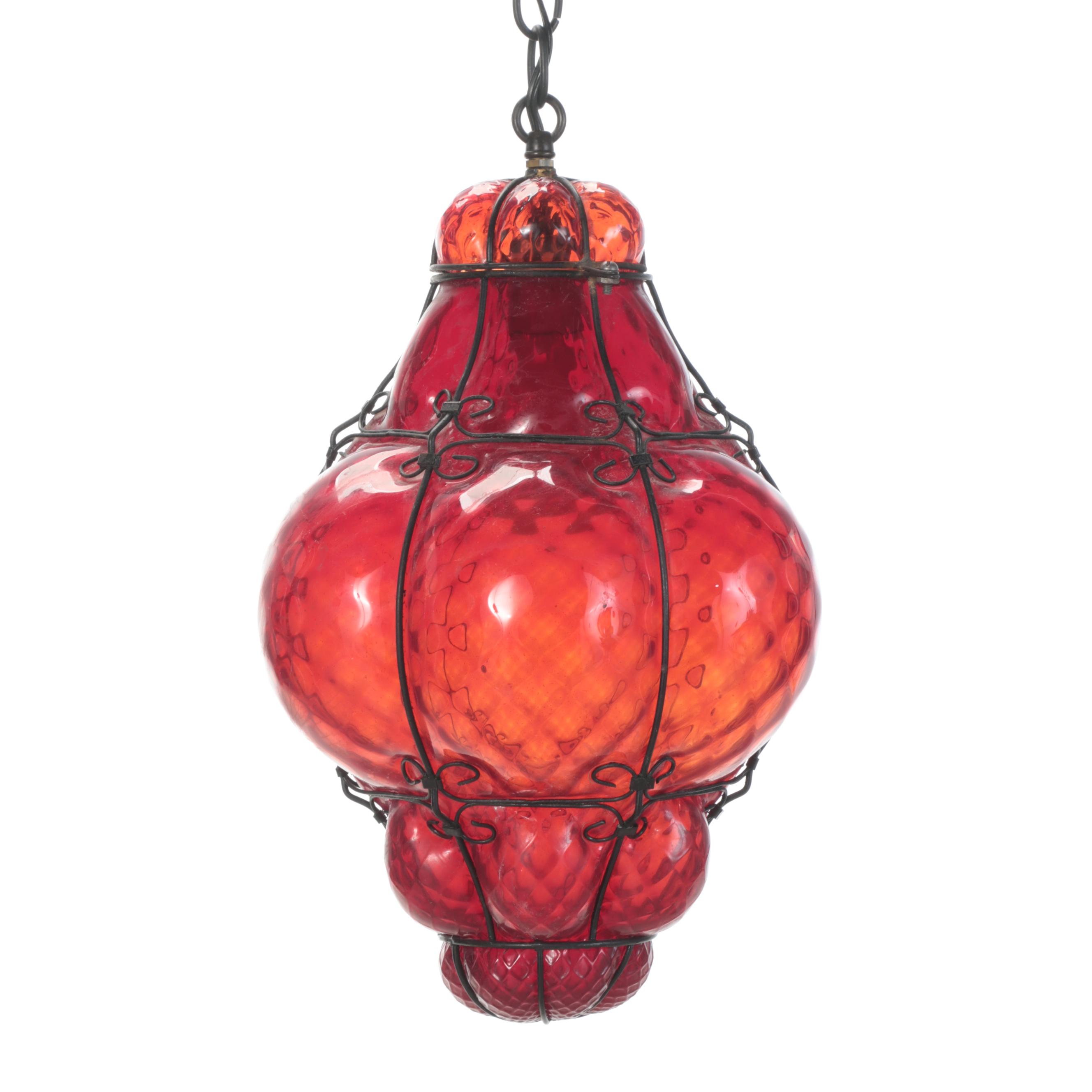 Mexican Red Bubble Glass Pendant Swag Lamp, Mid-20th Century