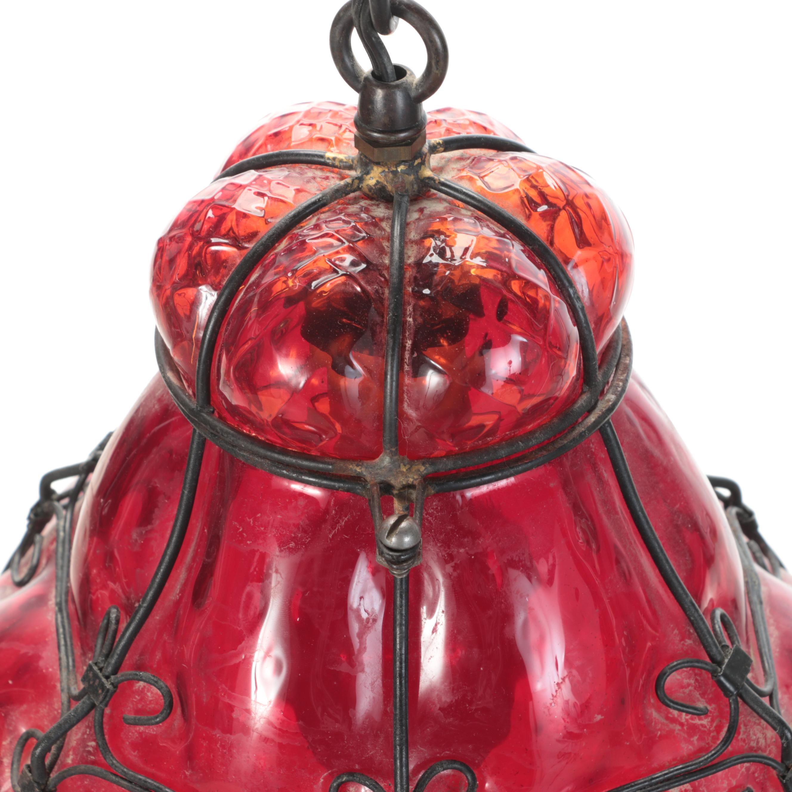 Mexican Red Bubble Glass Pendant Swag Lamp, Mid-20th Century