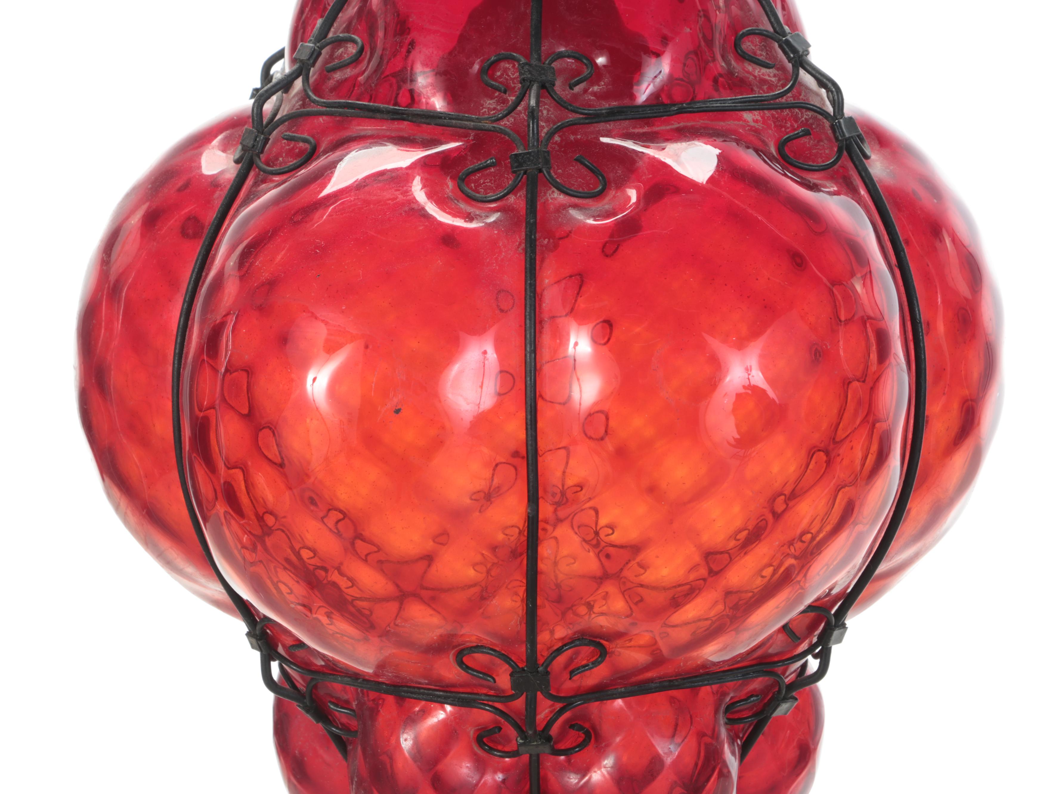 Mexican Red Bubble Glass Pendant Swag Lamp, Mid-20th Century