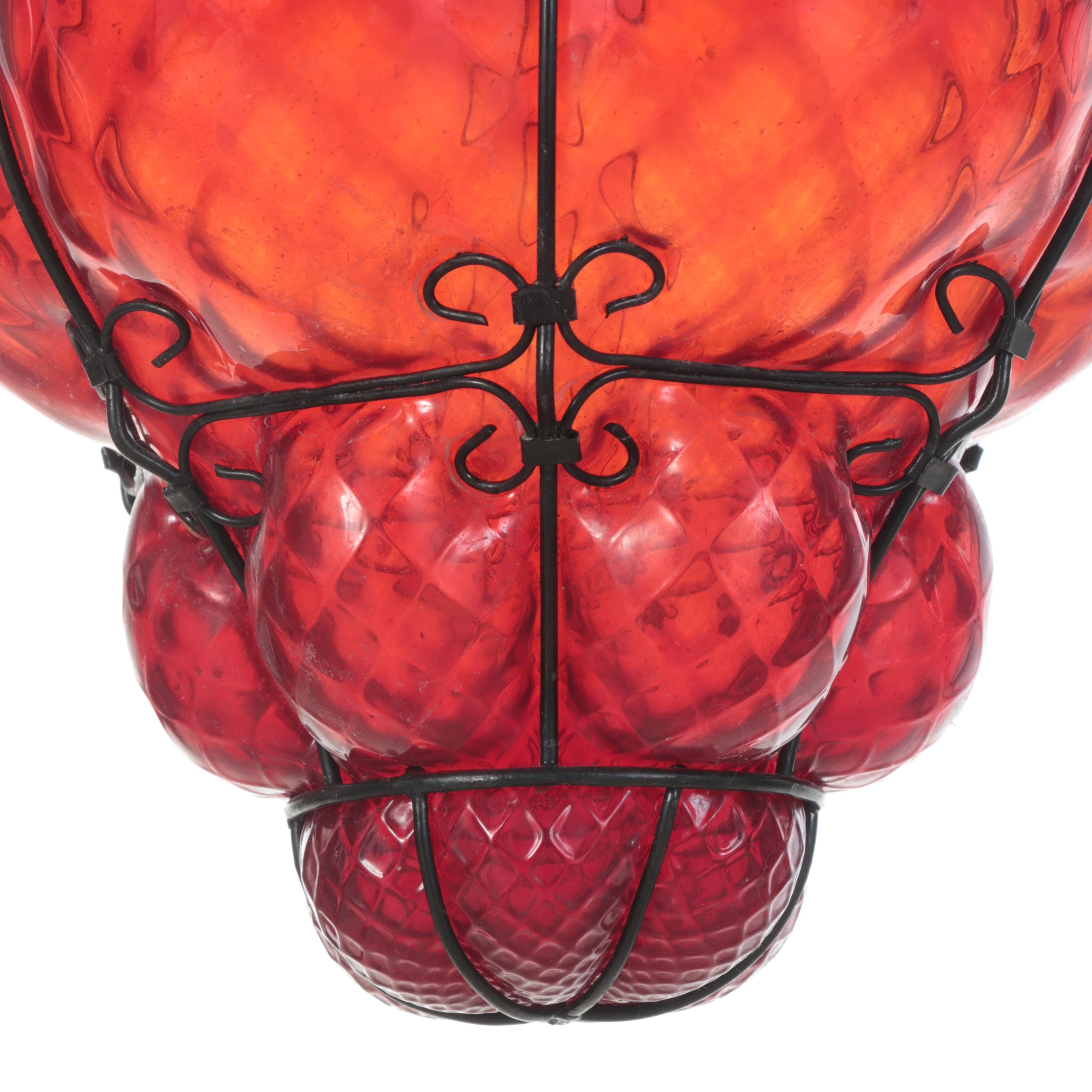 Mexican Red Bubble Glass Pendant Swag Lamp, Mid-20th Century