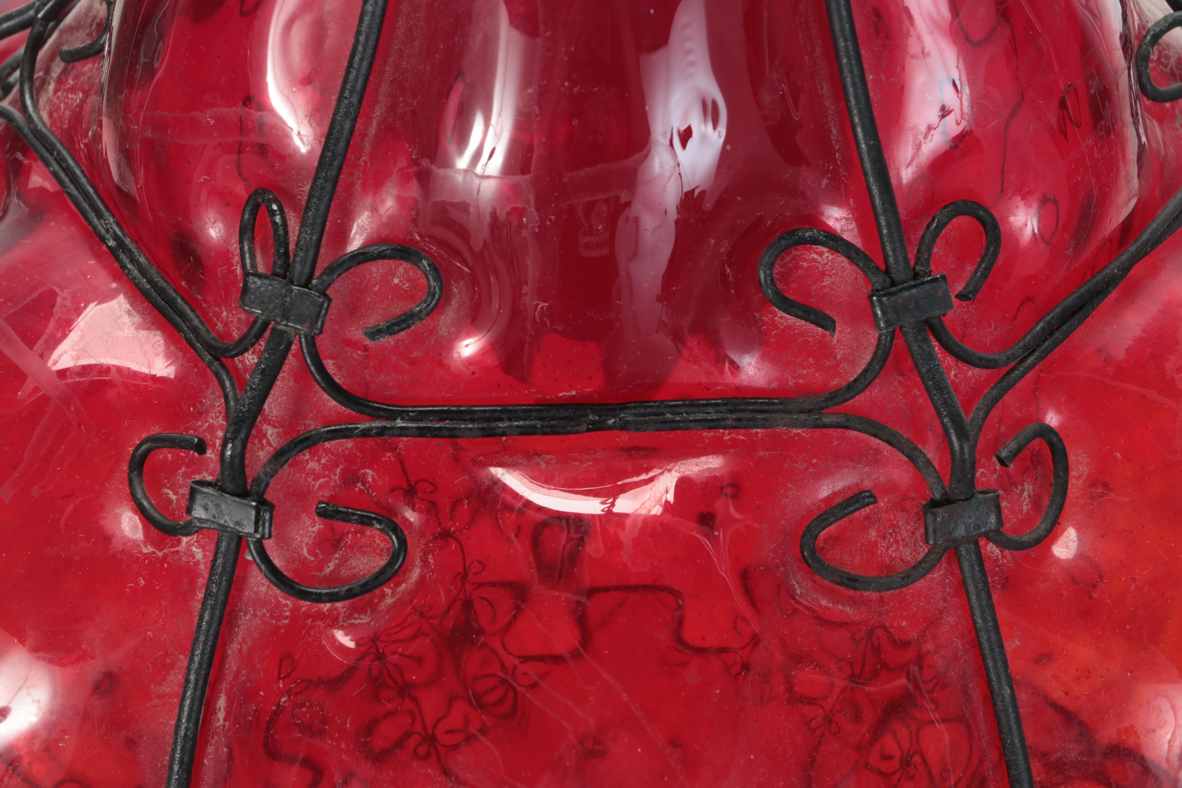 Mexican Red Bubble Glass Pendant Swag Lamp, Mid-20th Century