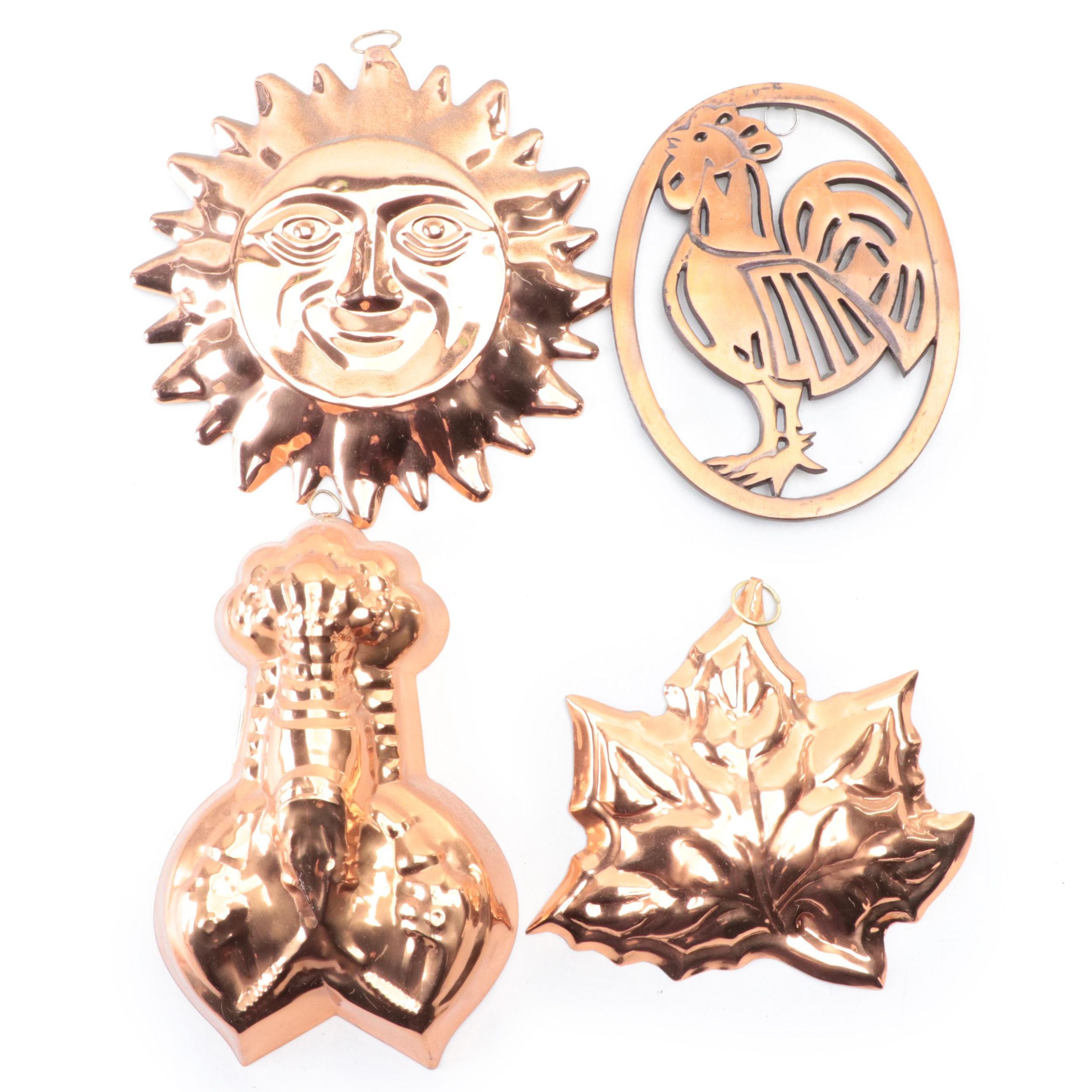 Tinned Copper Lobster and Other Molds with Rooster Trivet