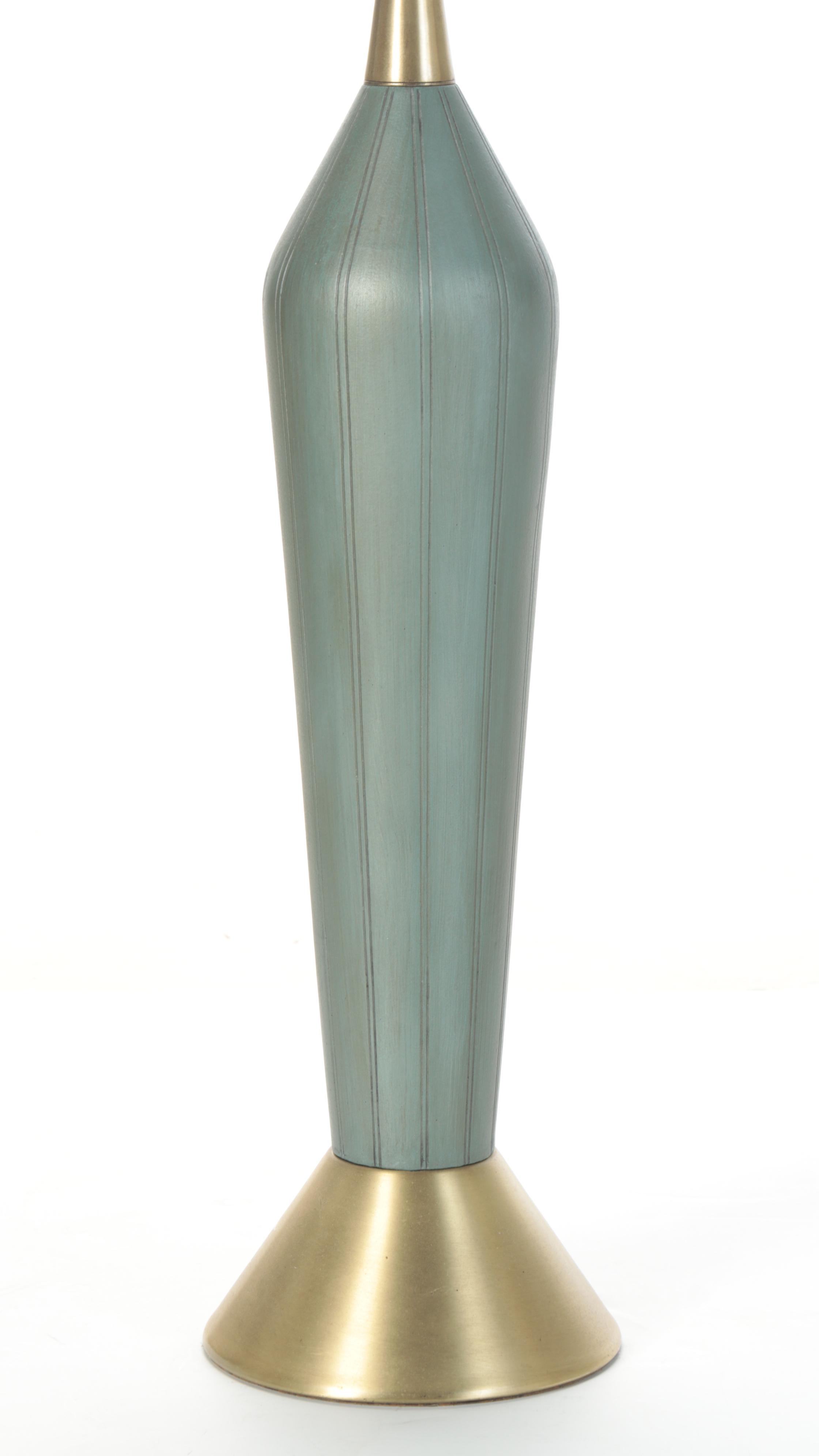 MCM Brushed Brass and Green Finish Table Lamp With Drum Shade, Mid-20th C