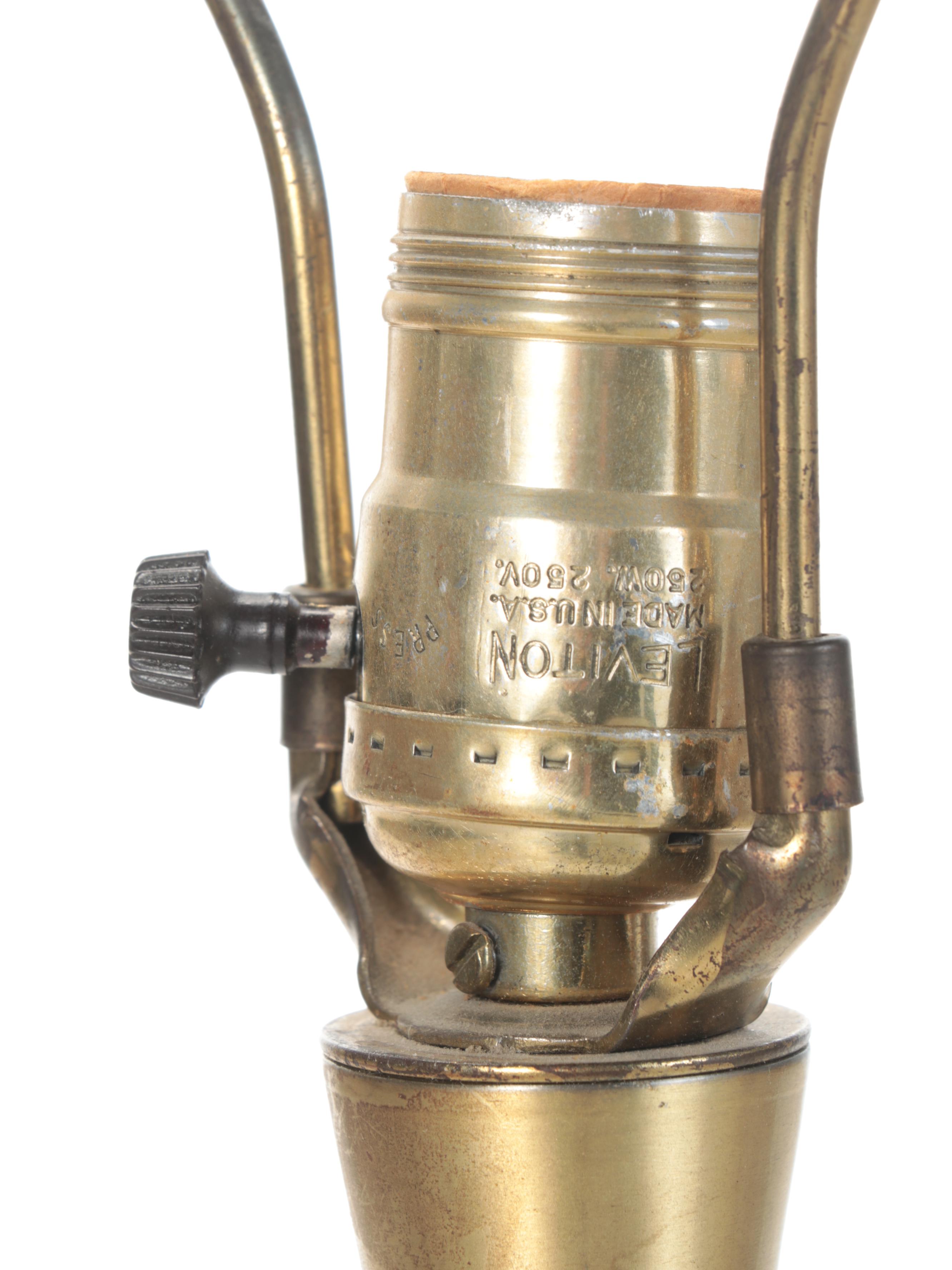 MCM Brushed Brass and Green Finish Table Lamp With Drum Shade, Mid-20th C