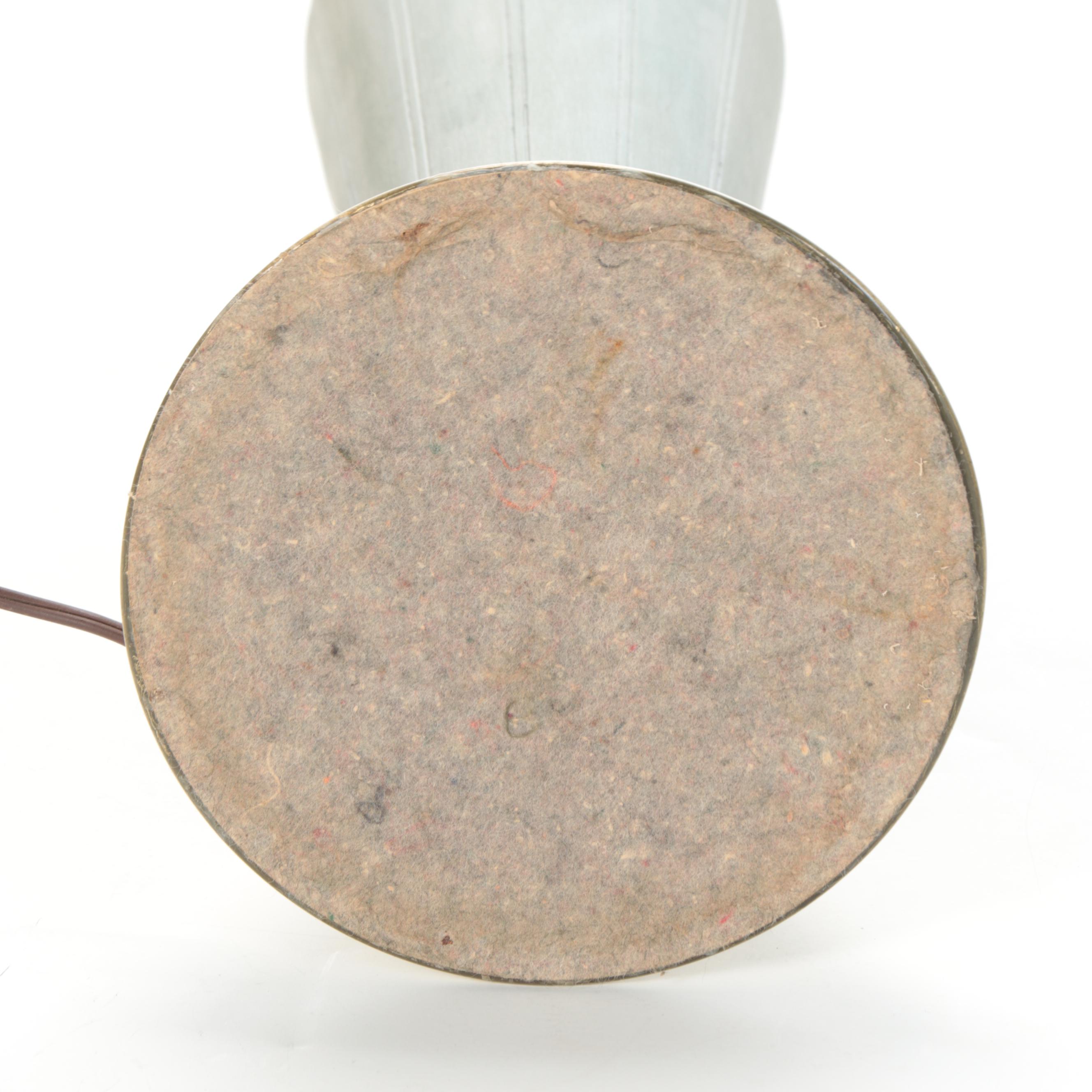 MCM Brushed Brass and Green Finish Table Lamp With Drum Shade, Mid-20th C