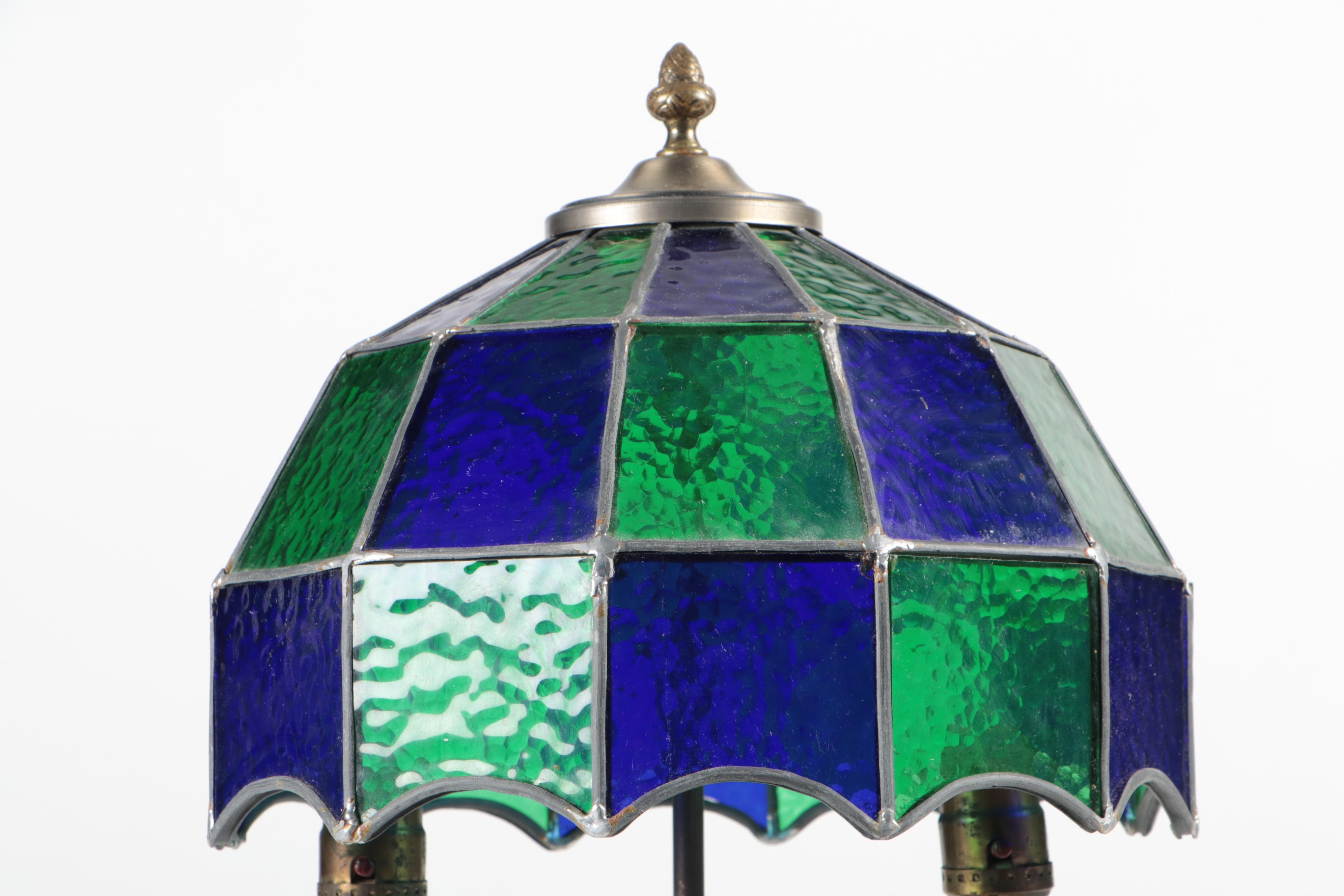 Cobalt and Emerald Pebbled Glass Pressed Metal Table Lamp, Mid to Late 20th C