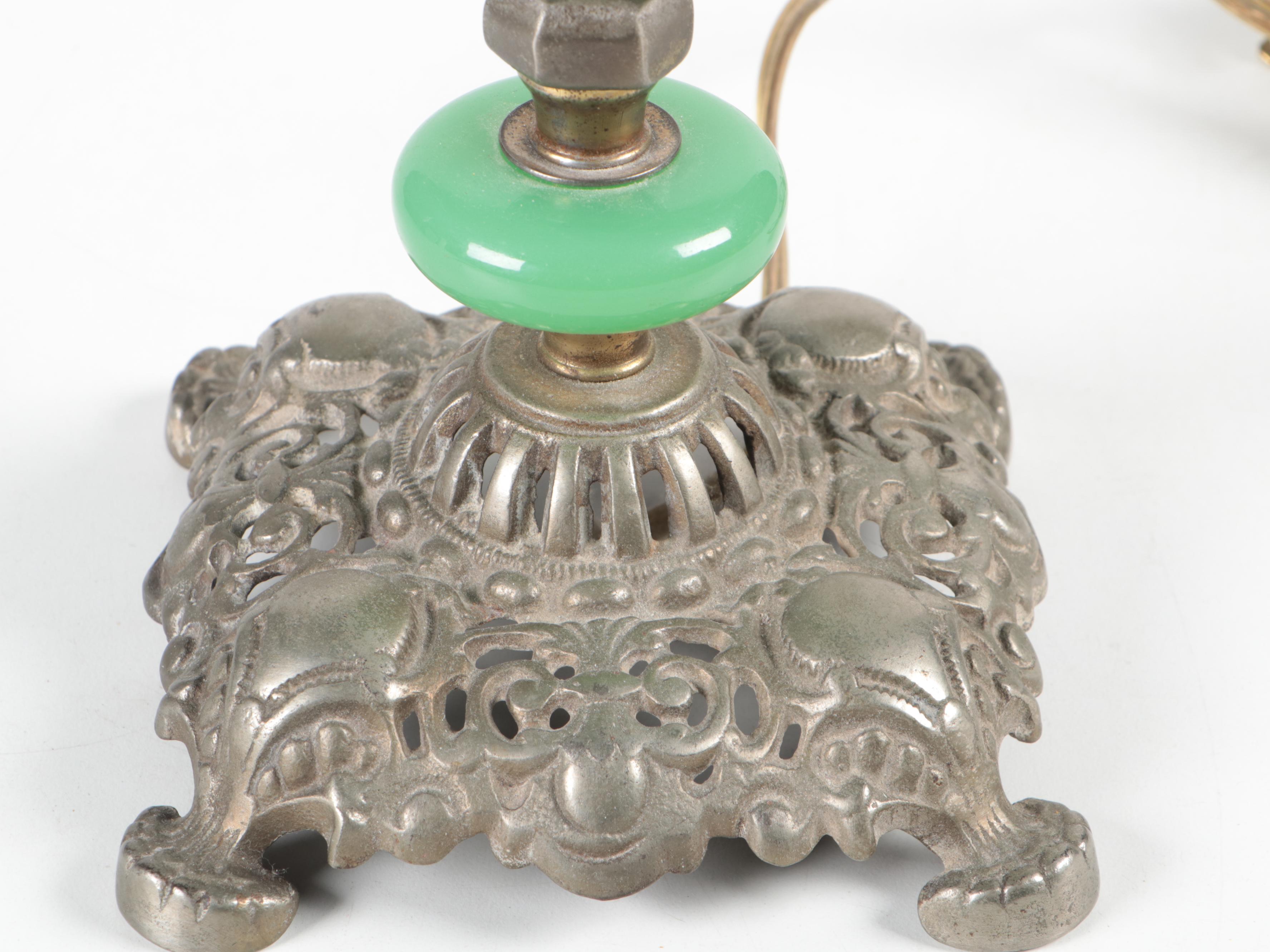 Cobalt and Emerald Pebbled Glass Pressed Metal Table Lamp, Mid to Late 20th C