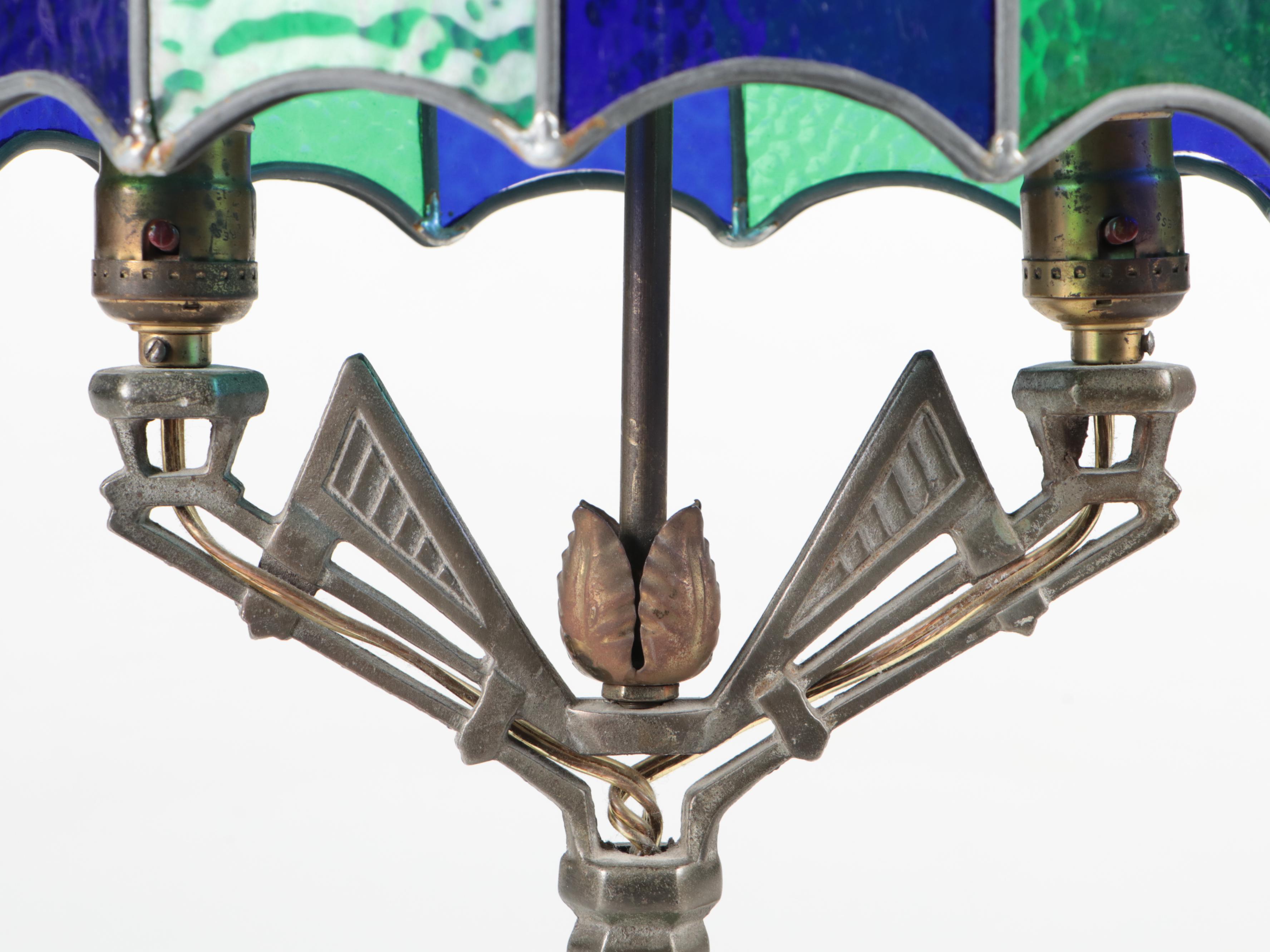 Cobalt and Emerald Pebbled Glass Pressed Metal Table Lamp, Mid to Late 20th C