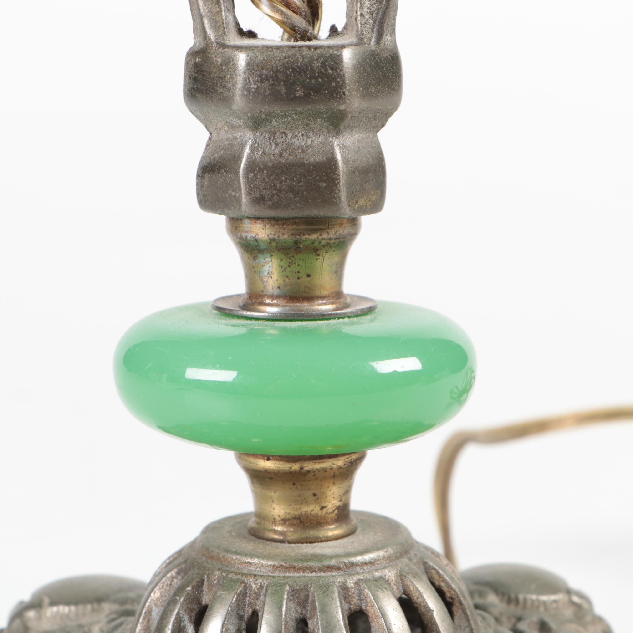 Cobalt and Emerald Pebbled Glass Pressed Metal Table Lamp, Mid to Late 20th C