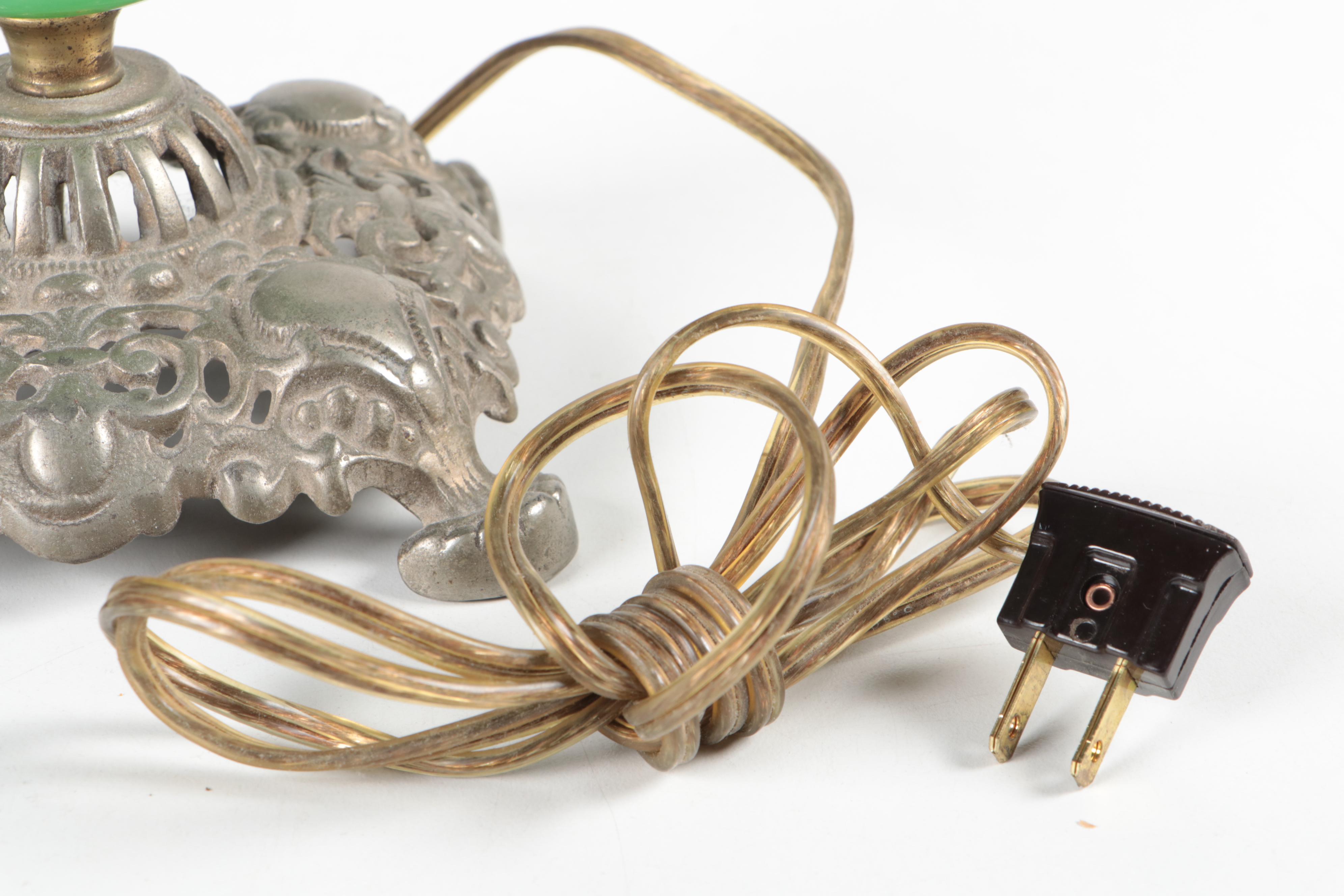 Cobalt and Emerald Pebbled Glass Pressed Metal Table Lamp, Mid to Late 20th C