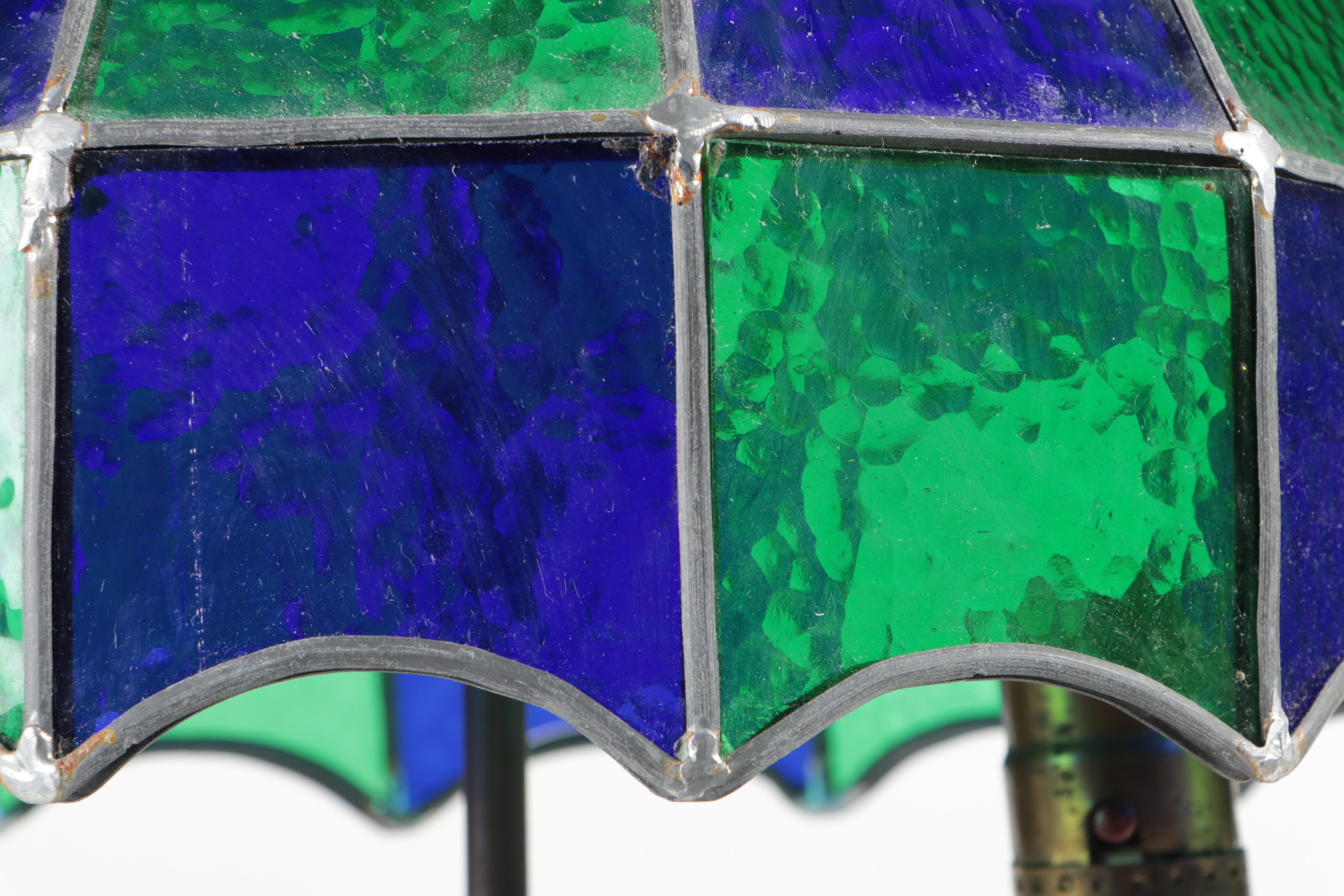 Cobalt and Emerald Pebbled Glass Pressed Metal Table Lamp, Mid to Late 20th C