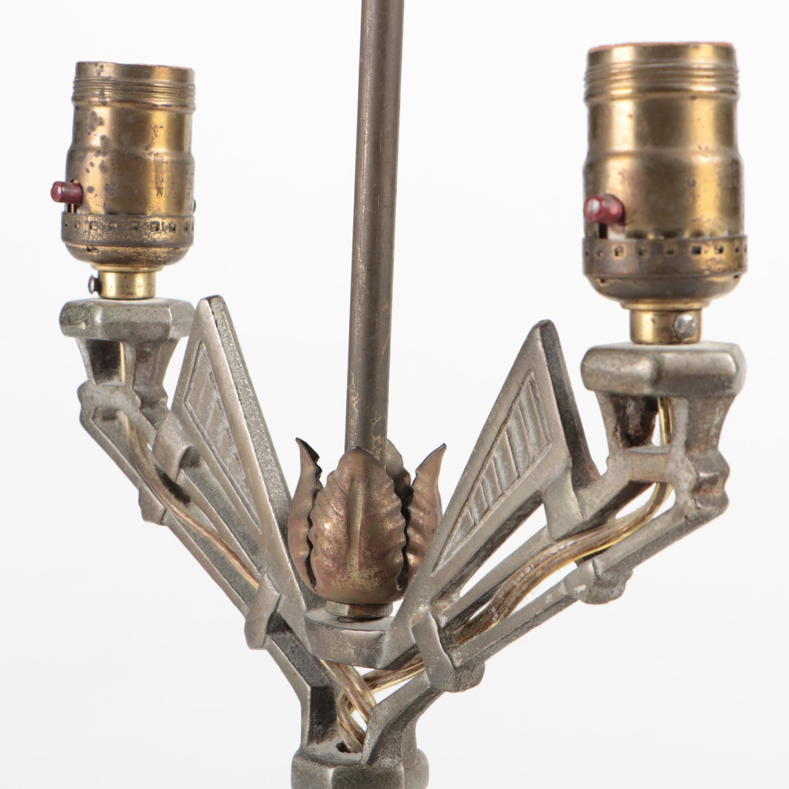 Cobalt and Emerald Pebbled Glass Pressed Metal Table Lamp, Mid to Late 20th C