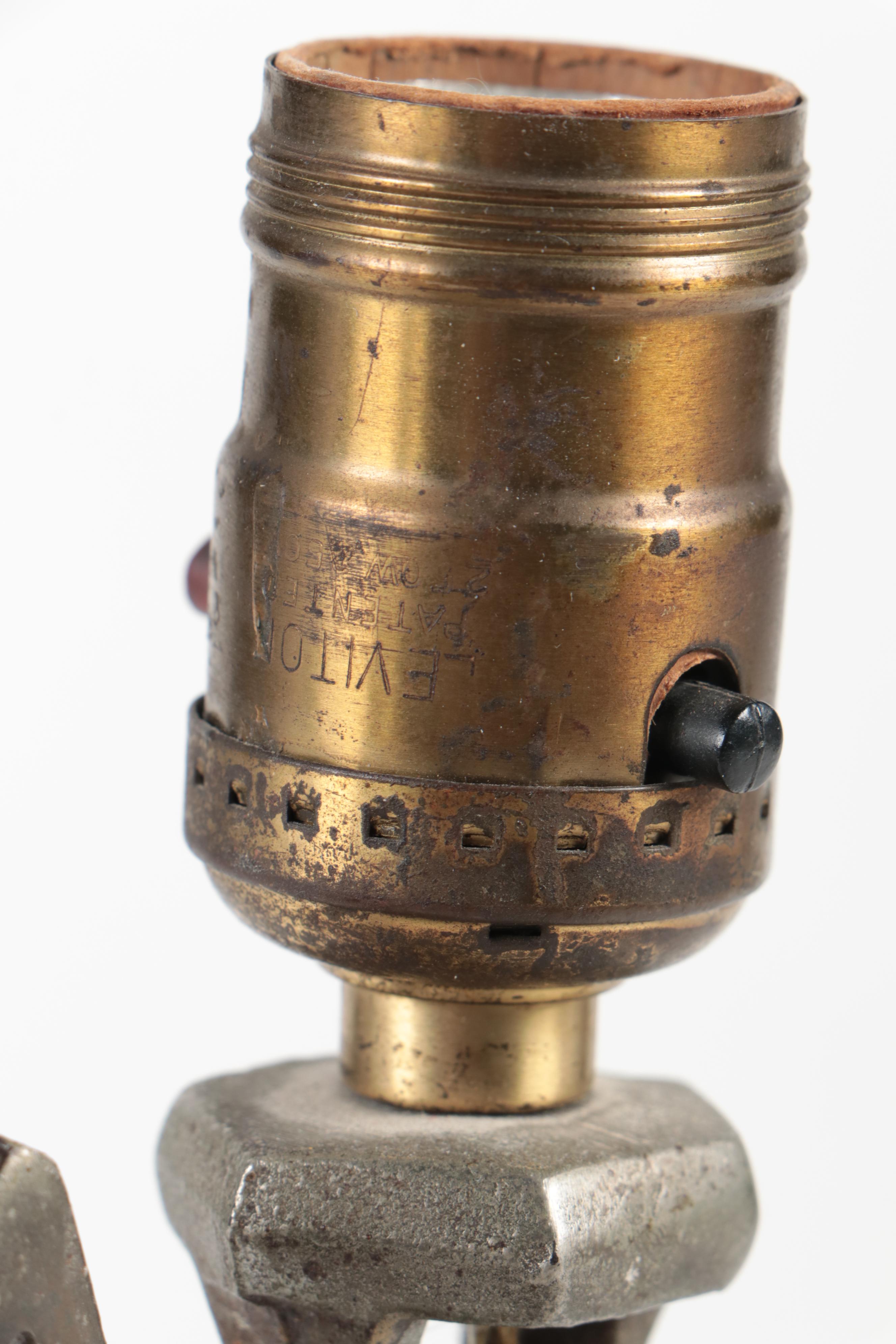 Cobalt and Emerald Pebbled Glass Pressed Metal Table Lamp, Mid to Late 20th C