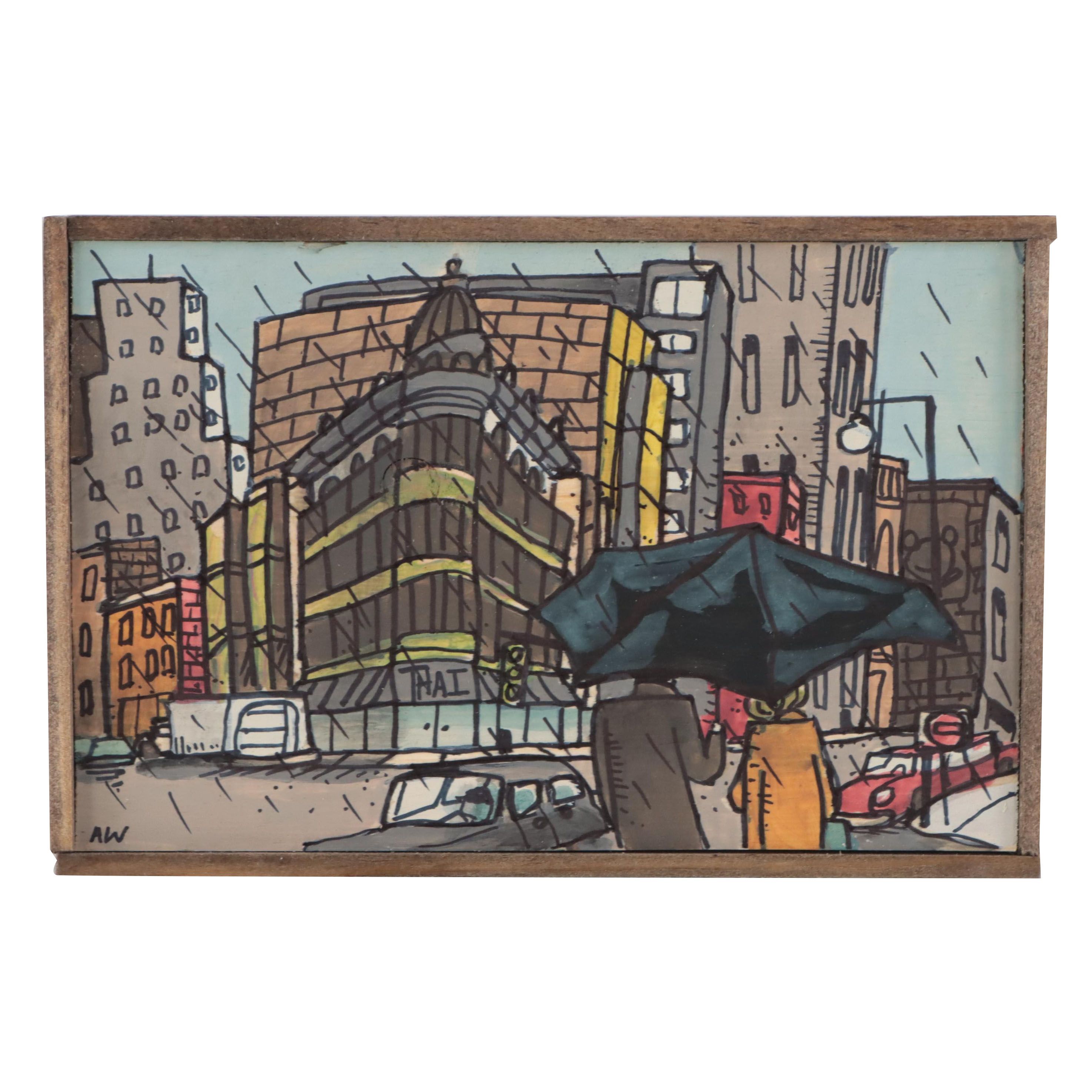 Aaron Wooten Acrylic and Ink Painting "San Francisco in the Rain," 2023