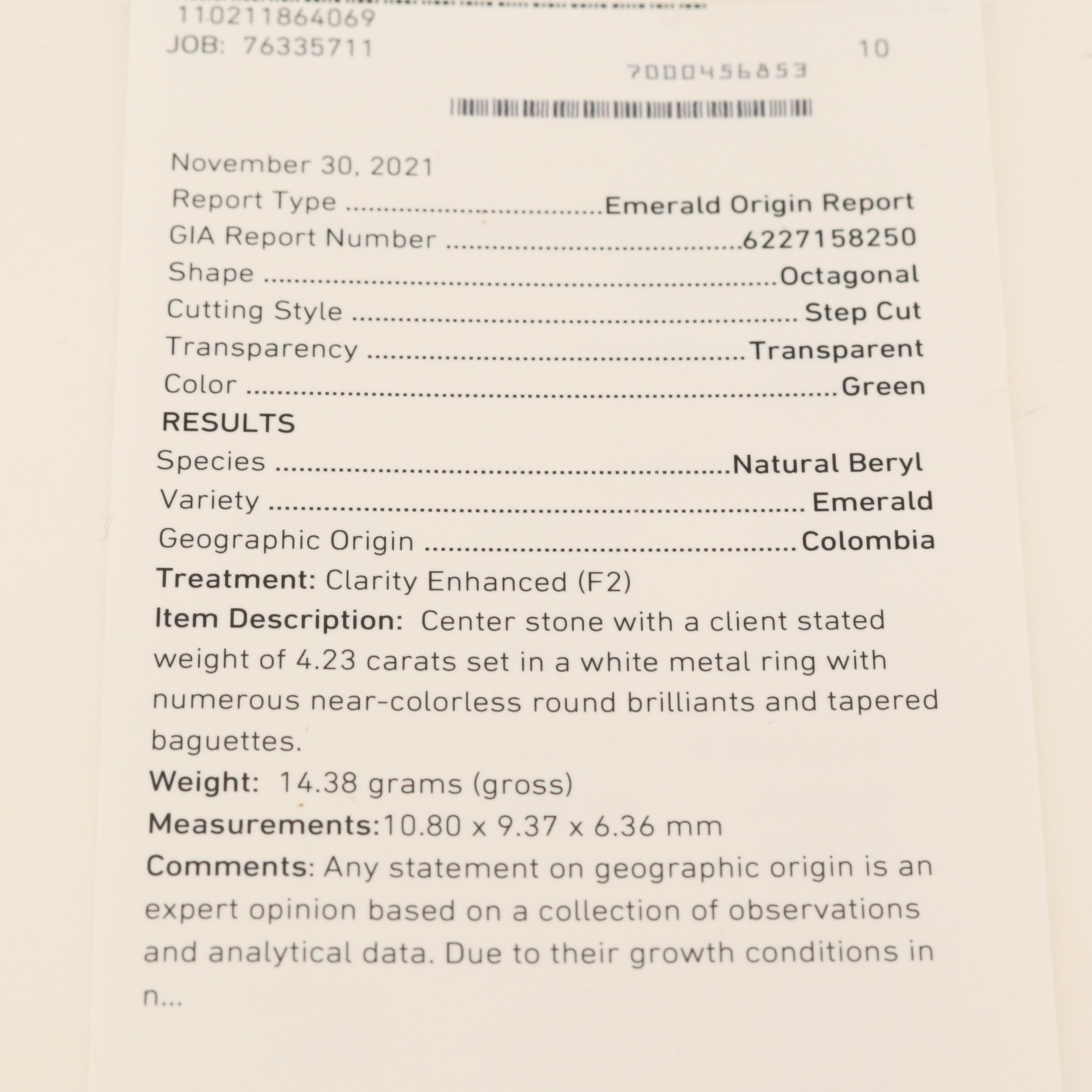 Platinum 4.23 CT Colombian Emerald and 1.26 CTW Diamond Ring with GIA Report
