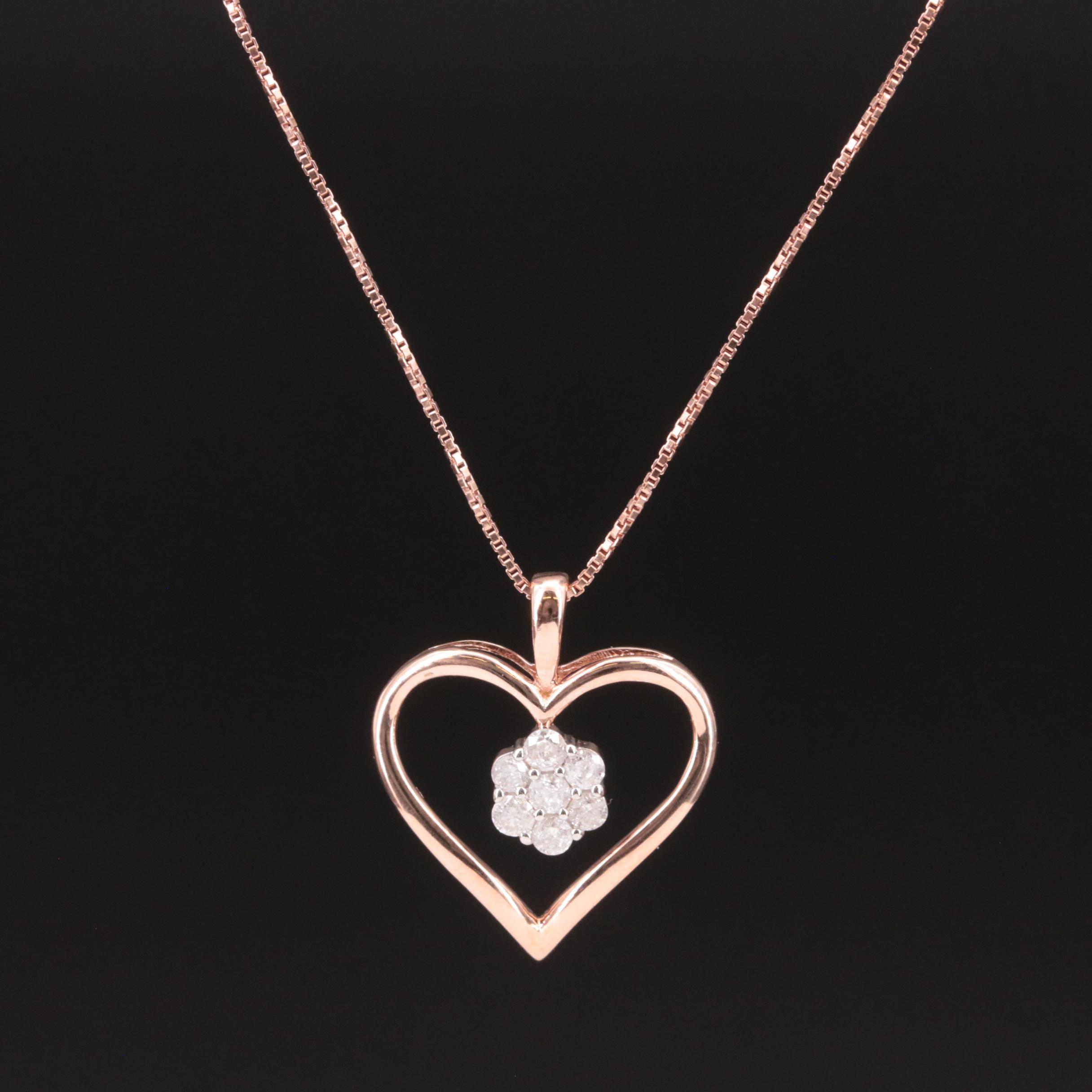 Sterling Diamond Cluster Heart Pendant Necklace